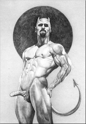 abs bald balls barbed_tail demon erection horns incubus male male_only muscular nude olaf_(artist) pecs penis solo uncut