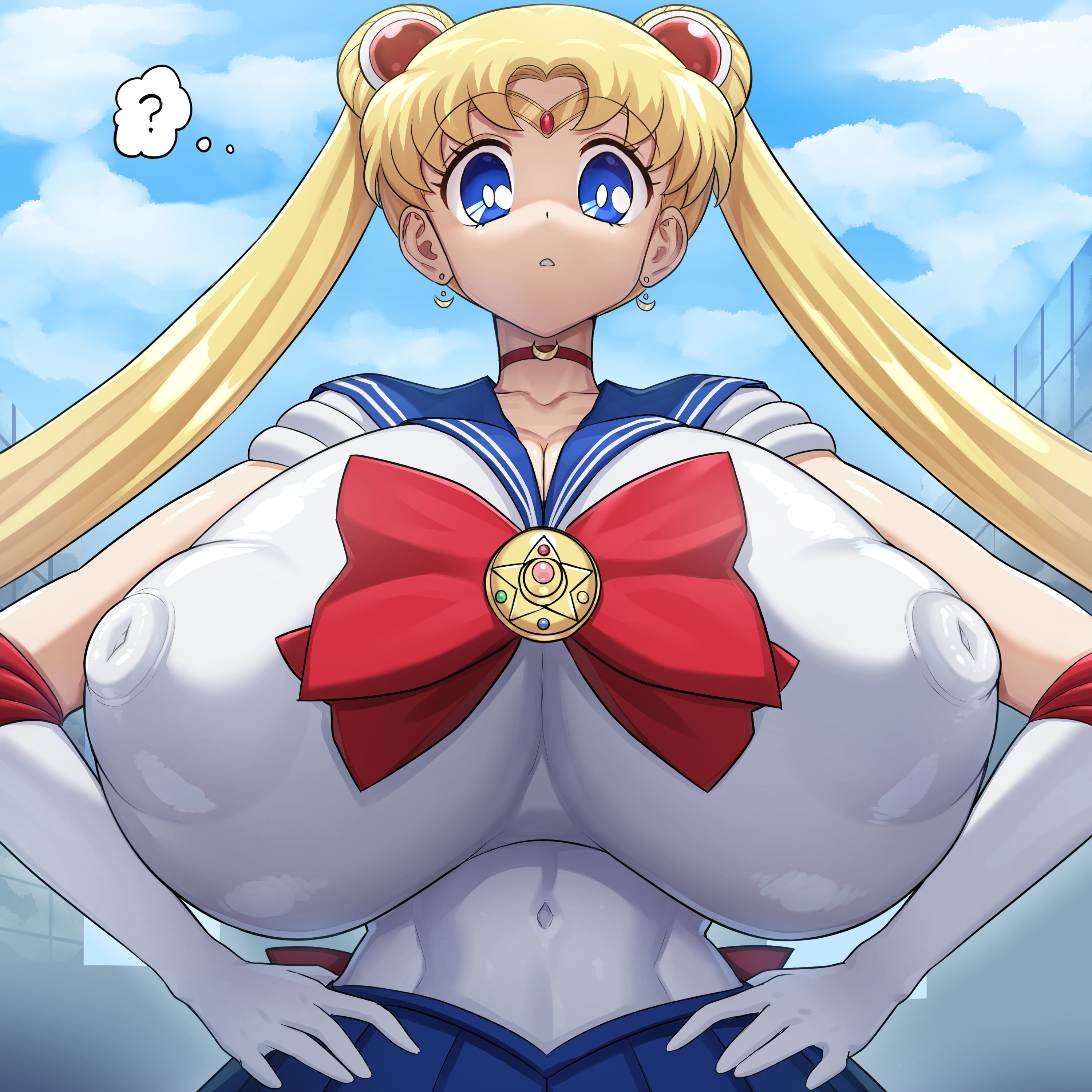 1girls, bishoujo senshi sailor moon, breasts, covered navel, female, hands on hips, huge breasts, jadf, large breasts, looking at viewer, navel, nipple bulge, nipples visible through clothing, puffy nipples, question mark, sailor moon, skin tight, skin tight clothes, skin tight outfit, solo, tagme, thought bubble, usagi tsukino
