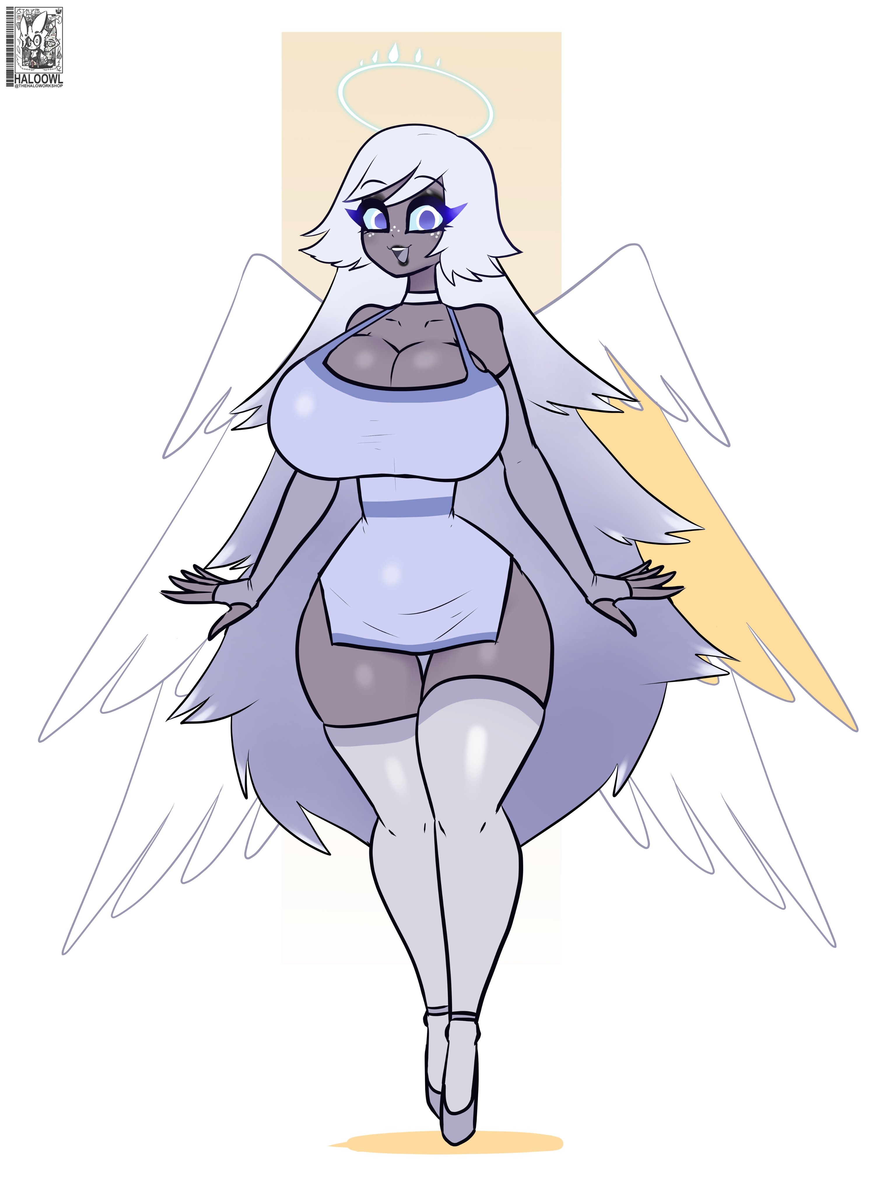 angel, angel wings, big breasts, blue eyes, boob window, choker, dress, emily (hazbin hotel), fingerless gloves, halo, haloowl, hazbin hotel, heels, huge breasts, huge thighs, thick thighs, thighhighs, thighs, vivienne medrano