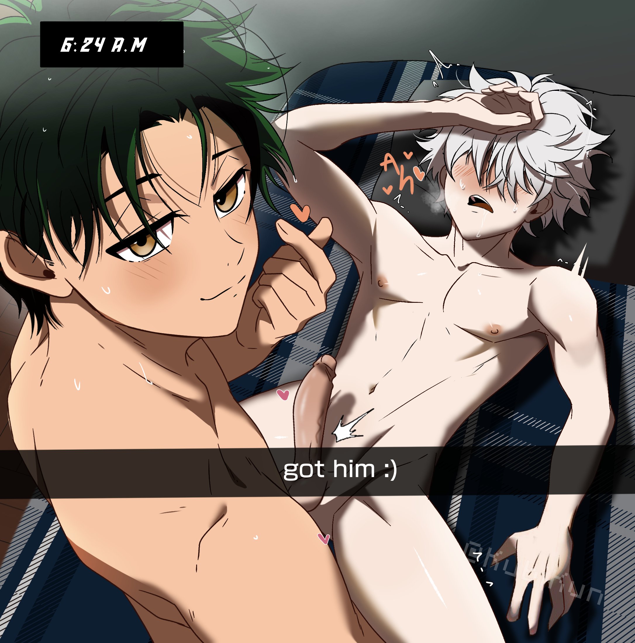 2boys, finger heart, gay, gay sex, gon freecss, hunter x hunter, killua zoldyck, kubikun, looking at viewer, male only, smirk, smirking at viewer, smug, snapchat, tagme, yaoi