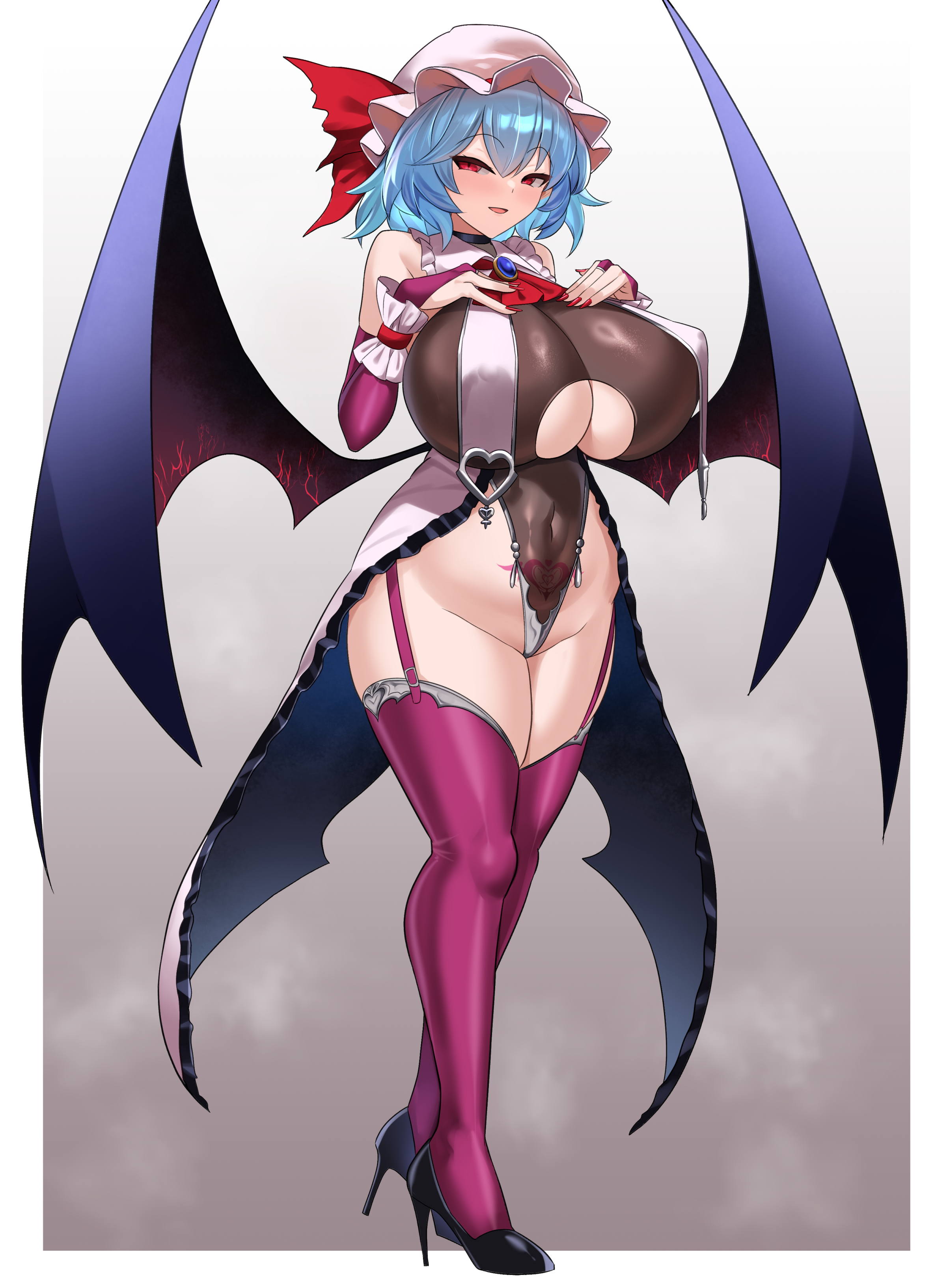 1girls, bat wings, big breasts, breasts, breasts bigger than head, curvaceous, curvy, curvy figure, female, female only, hat, hips, huge breasts, light-skinned female, remilia scarlet, remilia scarlet (takorin), short hair, sinkai, solo, thick thighs, thighhighs, thighs, touhou, vampire, vampire girl, voluptuous, voluptuous female, wings