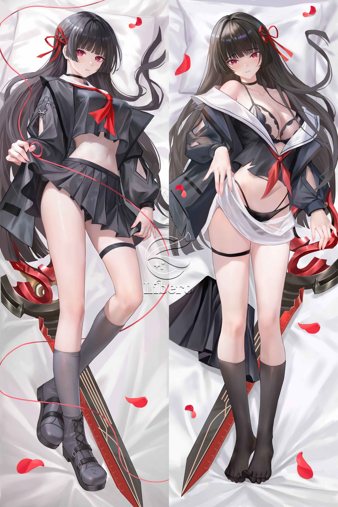 1girls, black bra, black hair, black panties, black underwear, bra, breasts, chisa (wuthering waves), female, long hair, lying, lying on back, lying on bed, medium breasts, multiple views, panties, red eyes, school uniform, schoolgirl, seifuku, shoes, shoes removed, skirt down, underwear, upskirt, wuthering waves