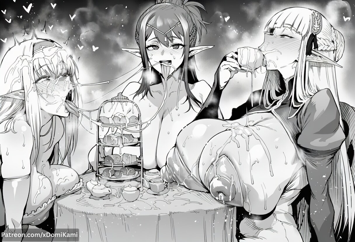 1boy, 2026, 2d, 3girls, absurd res, absurd resolution, absurdres, ahegao, ai generated, artist name, blush, braid, breast rest, breasts, bridal gauntlets, bukkake, circlet, cleavage, covered nipples, cum, cum in container, cum in mouth, cum on body, cum on breasts, cum on hair, cum on tongue, cum string, cup, dress, drinking, elf, facial, gokkun, greyscale, hairband, heart, hi res, high quality, high resolution, highres, holding, holding cup, huge breasts, image, juliet sleeves, lactation, large areolae, long hair, monochrome, multiple girls, netorare, nipples, ntr, open mouth, original, original character, patreon, patreon username, pointy ears, ponytail, puffy nipples, rape, raped, raped female, saliva, sidelocks, sweat, table, teacup, teapot, tiered tray, tongue, tongue out, uncensured, watermark, web address, xdomikami