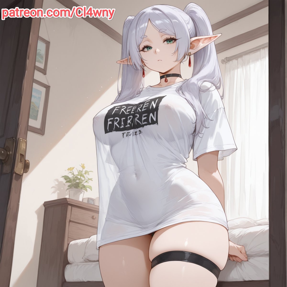1girls, 2026, 2d, ai generated, bed, bedroom, big ass, big breasts, big butt, big thighs, boobs bigger than head, bottomless, breasts, breasts bigger than head, cl4wny, curvaceous, curvy, curvy body, curvy female, curvy figure, elf, elf ears, elf female, female, frieren, frieren beyond journey's end, green eyes, home, huge breasts, huge thighs, indoor, indoors, large breasts, leg strap, legs, light skin, light-skinned female, long hair, perfect body, ponytail, ponytails, sexy, sexy body, sexy female, shirt, shirt only, silver hair, skinny, standing, striped, striped legwear, thick thighs, thighhighs, thighs, topwear only, voluptuous, voluptuous body, voluptuous female, white hair