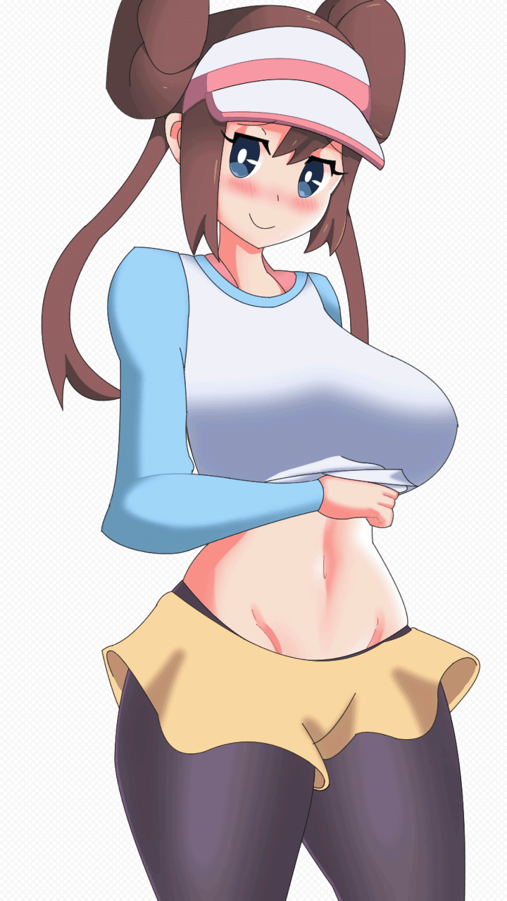 1girls, 9:16, abs, alternate breast size, animated, animated gif, areolae, big eyes, blue eyes, blush, breasts, breasts out, brown hair, clothed, clothes, double bun, eye contact, eyelashes, female, female only, flashing, half-closed eyes, hat, huge breasts, human, looking at viewer, nintendo, nipples, pantyhose, pokemon, pokemon bw2, rosa (pokemon), ruw ruler, shirt, shirt lift, skirt, smile, solo, standing, thick thighs, thigh gap, thin waist, twintails, vertical video, white background, wide hips