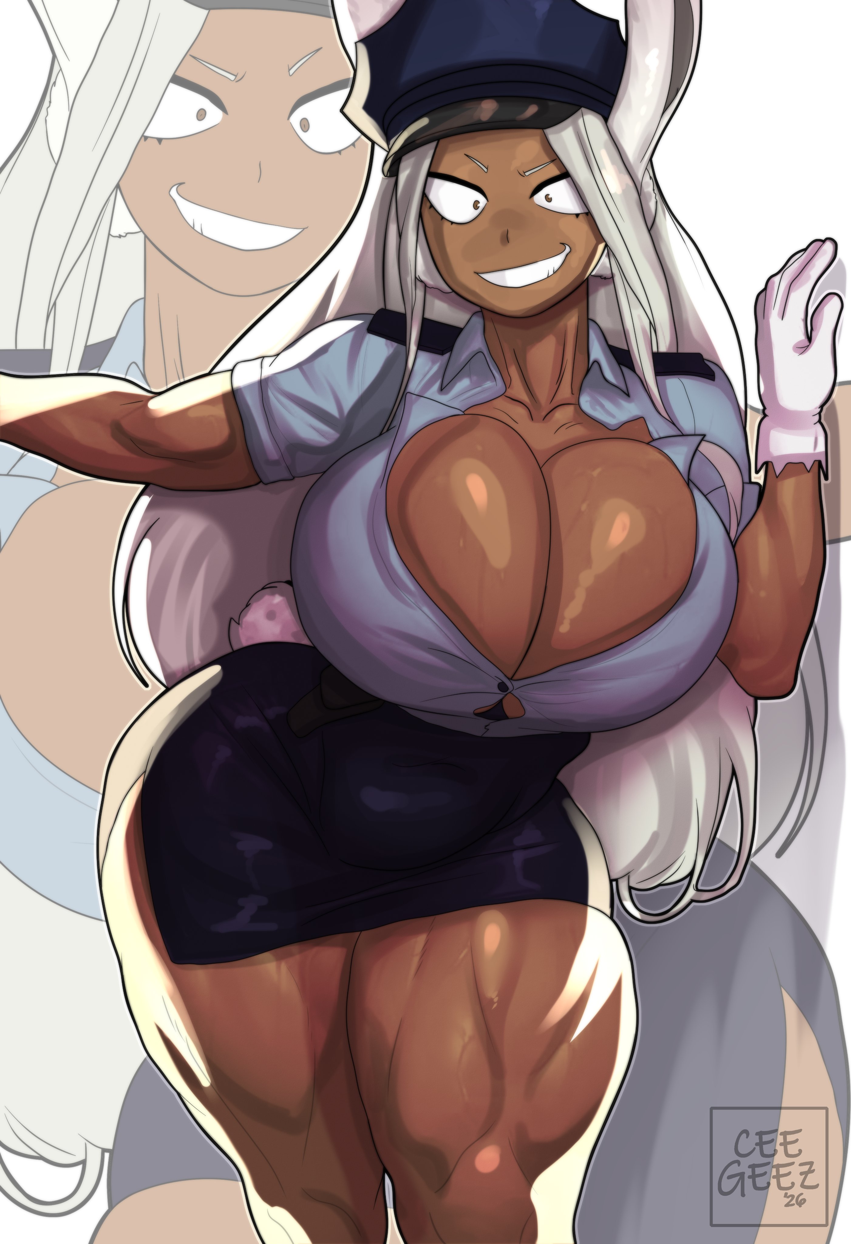 1girls, breasts bigger than head, ceegee, cop, cop uniform, dark-skinned female, female, huge breasts, massive boobs, massive breasts, miruko, my hero academia, rumi usagiyama, solo female, tagme, thick thighs, uniform