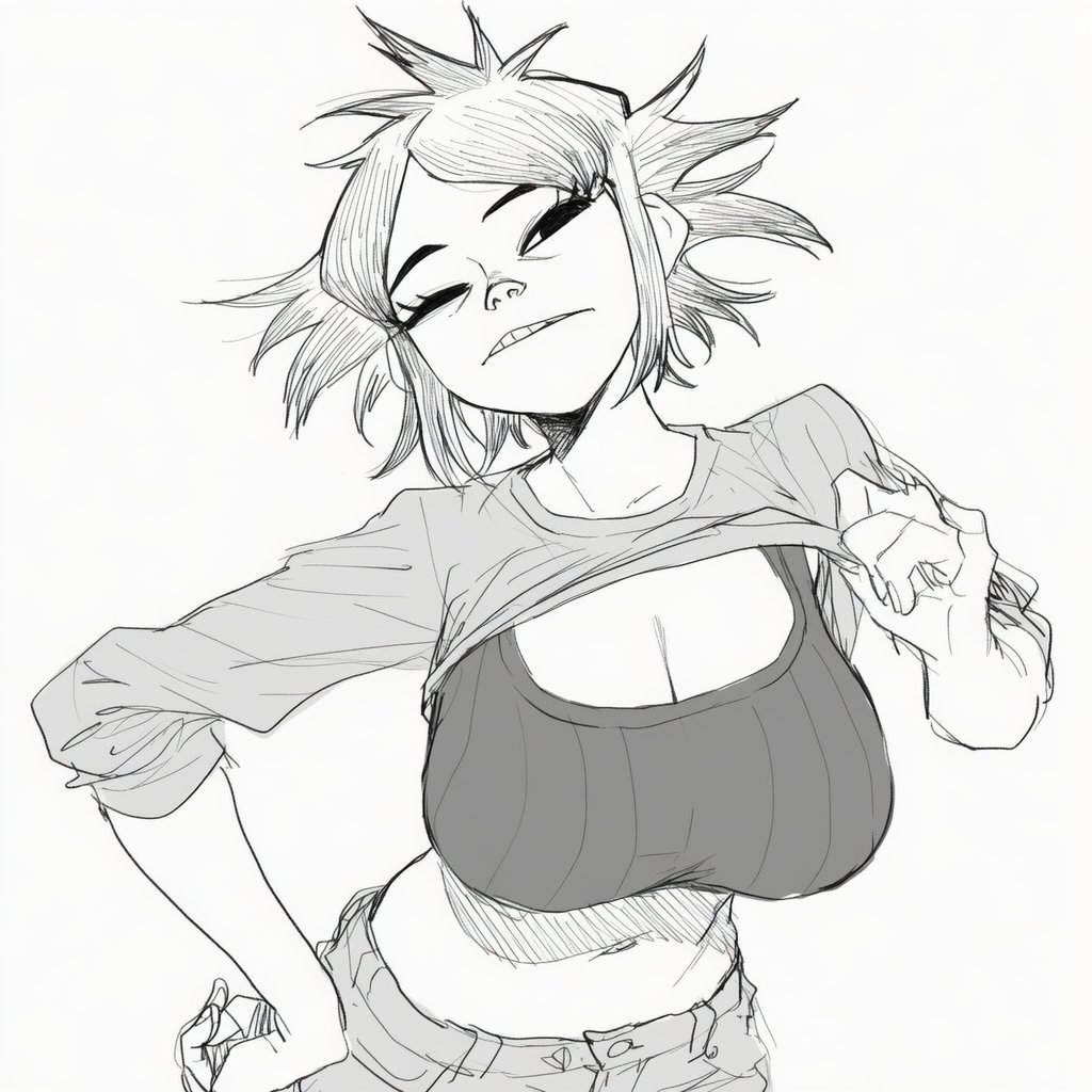 1girls, ai generated, asian, asian female, big breasts, bra, breasts, gorillaz, lapis slopzuli, noodle (gorillaz), solo, solo female, uravity98114, white background