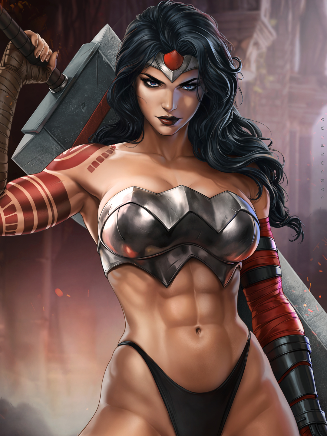 1girls, abs, absolute dc, absolute wonder woman, athletic, athletic female, clothed, clothes, clothing, coattails, curvaceous, curvaceous body, curvaceous female, curvaceous figure, curvaceous hips, curvy, curvy body, curvy female, curvy figure, curvy hips, dandon fuga, dc, dc comics, female, female focus, female only, leotard, long hair, muscular, muscular female, muscular thighs, pin up, superheroine, sword, tattoo, tattooed arm, thick hips, thick thighs, thigh highs, thighhighs, thighs, tiara, witch, wonder woman, wonder woman (series)
