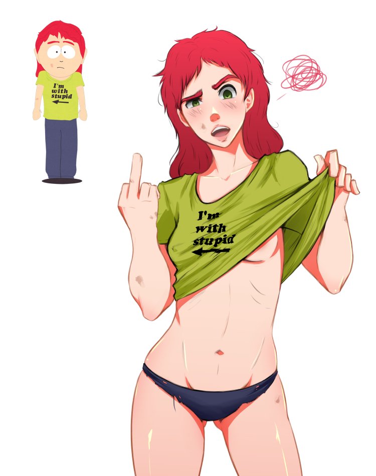 1female, 1girls, 1milf, 2022, 2d, 2d (artwork), 2d artwork, areola slip, areolae, areolae slip, bawdy, carol mccormick, comedy central, covered breasts, female, female focus, female only, lifting shirt, looking at viewer, middle finger, midriff, milf, nipples, nipples visible through clothing, no bra, panties, red hair, reference image, skinny, skinny female, small boobs, small breasts, small tits, south park, tagme