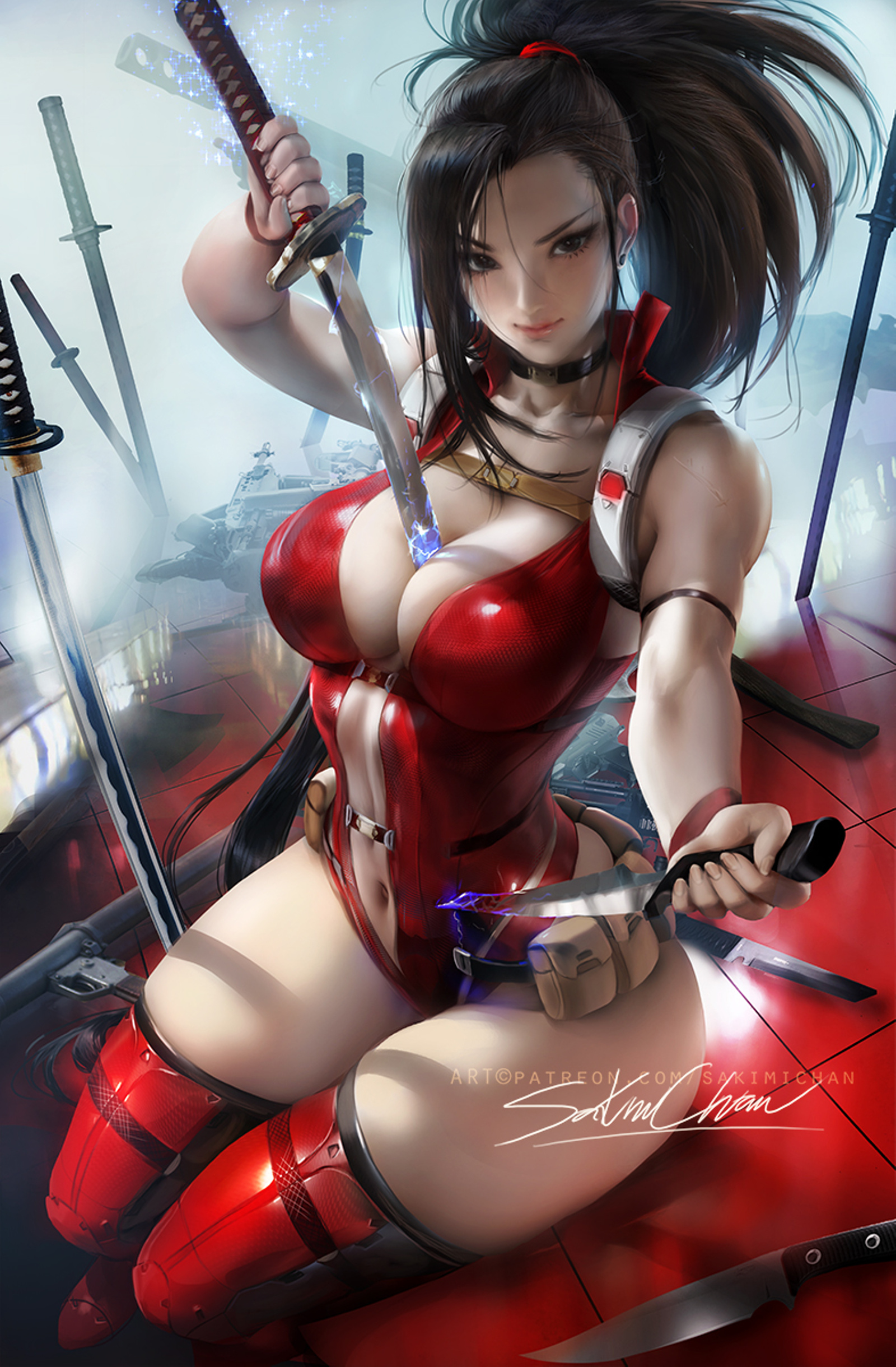 1girls, alternate version available, between breasts, bimbo, black hair, black-haired female, boots, breasts, cleavage, female, female only, full lips, hero outfit (mha), high heel boots, high resolution, hourglass figure, human, human female, katana, knife, large breasts, leotard, light skin, light-skinned female, long hair, looking at viewer, momo yaoyorozu, momo yaoyorozu (hero outfit), my hero academia, navel, ponytail, sakimichan, shounen jump, slim waist, smile, solo, superheroine, sword, thick thighs, thighhighs, tied hair, very high resolution, weapon, wide hips