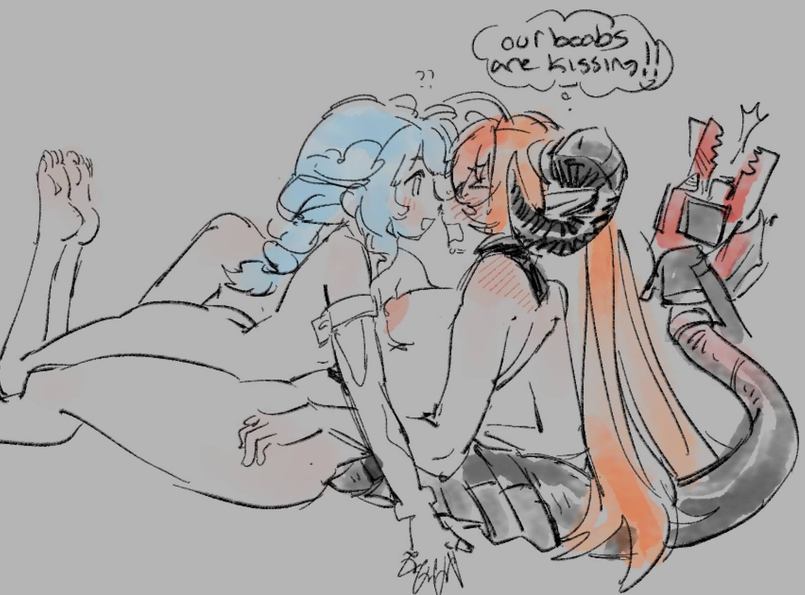 2girls, blush, breasts, dialogue, female, female only, hoyoverse, nipples, nude, nude female, orphie magnusson, seed (zenless zone zero), sketch, sweeter kiwiis, tagme, yuri, zenless zone zero