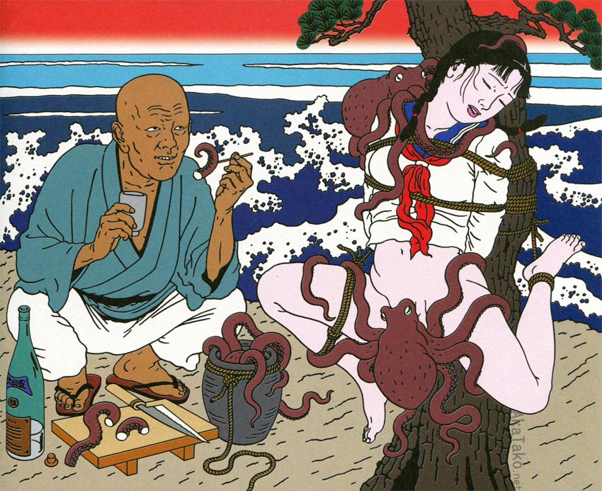 1boy 1girls beach bondage cunnilingus fine_art japanese japanese_clothes japanese_clothing male nihonga ocean octopus old_man oral outdoors pantless playing playtime rope rope_bondage school_uniform sea sucking tagme toshio_saeki tree ugly_man watching zoophilia