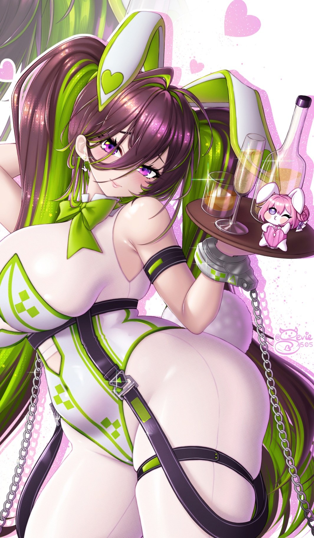 1girl, alcohol, alternate costume, alternate hairstyle, animal ears, antenna hair, bare shoulders, black hair, blush, bodysuit, bow, bowtie, breasts, champagne, champagne bottle, closed mouth, commentary, cuffs, cup, doro (nikke), drinking glass, earrings, english commentary, fake animal ears, goddess of victory: nikke, green bow, green bowtie, guilty (nikke), hair between eyes, handcuffs, head tilt, heart, highres, holding, holding tray, jewelry, large breasts, leotard, long hair, multicolored hair, playboy bunny, rabbit ears, sevie, sidelocks, simple background, smile, solo, standing, tray, twintails, two-tone hair, very long hair, white bodysuit, wine glass