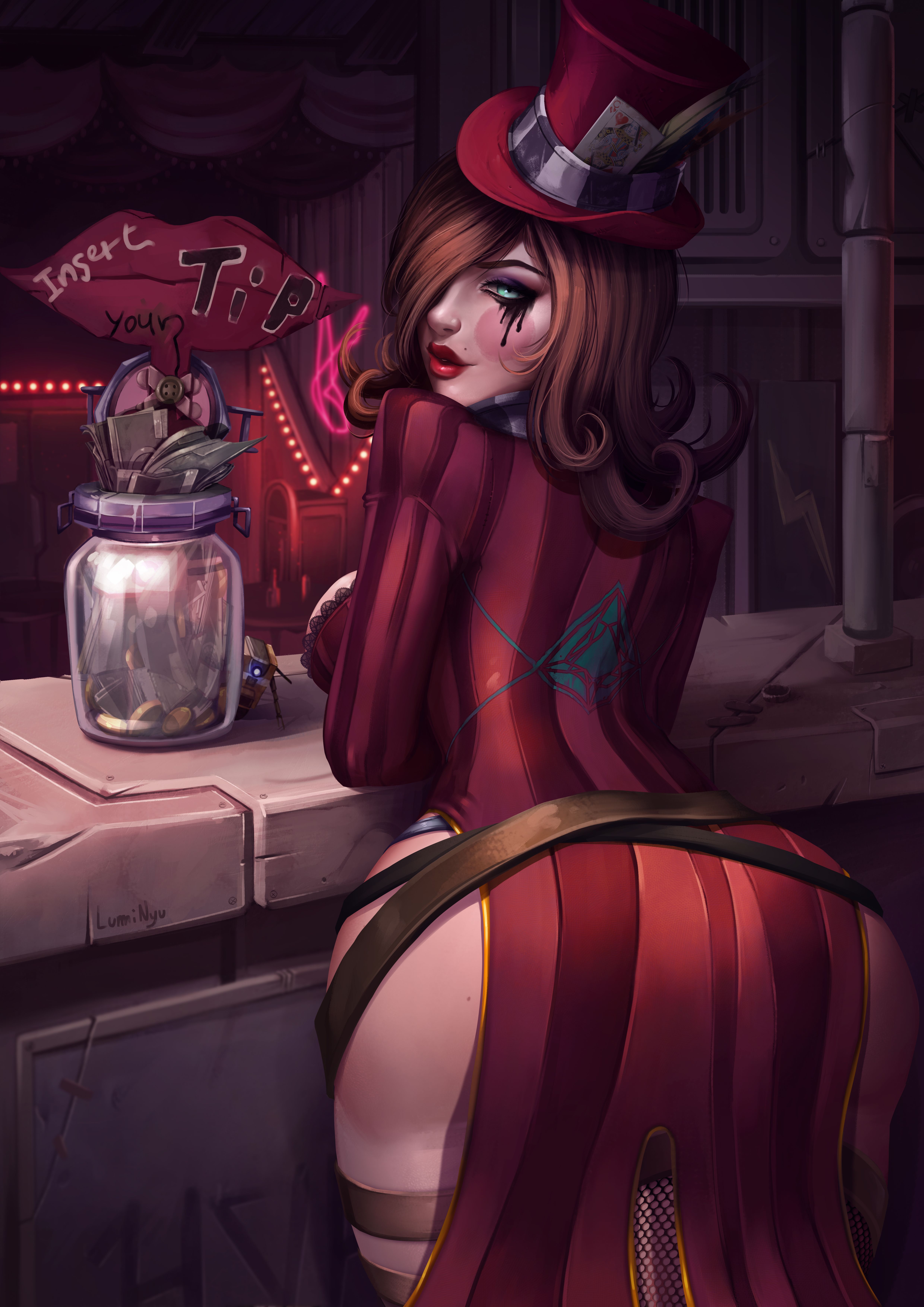 1girls, 2019, ass, back, back view, big ass, big butt, blue eyes, borderlands, borderlands 2, breasts, brown hair, cleavage, clothing, female, female only, hair, hair over one eye, hat, highres, huge ass, human, lips, lipstick, looking at viewer, looking back, luminyu, mad moxxi, makeup, milf, purple hat, red lips, red lipstick, robot, short hair, solo, solo focus, tagme, thick, thick thighs, thighs, top hat, voluptuous