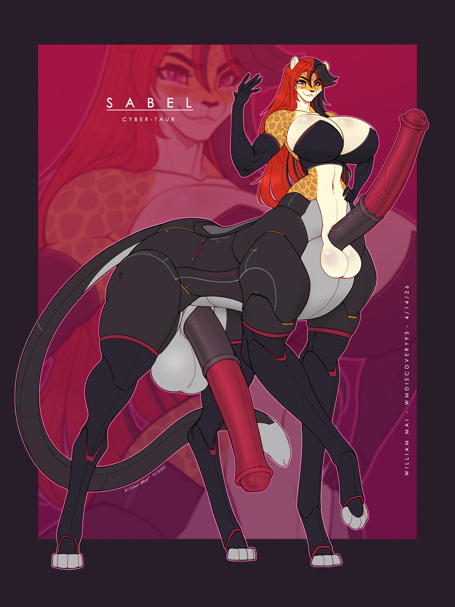 2 penises, 4 balls, animal genitalia, animal penis, anthro, armwear, balls, big breasts, big penis, breasts, bulge, cheetah, cleavage, clothed, clothing, cybernetics, cyborg, elbow gloves, equine genitalia, equine penis, felid, feline, frontal taur balls, frontal taur genitals, frontal taur penis, furry, futanari, genitals, gloves, gynomorph, hair, handwear, hi res, intersex, machine, mammal, multi balls, multi genitalia, multi penis, multicolored hair, penis, pupils, red hair, sabel, slit pupils, solo, taur, two tone hair, white hair, wmdiscovery93