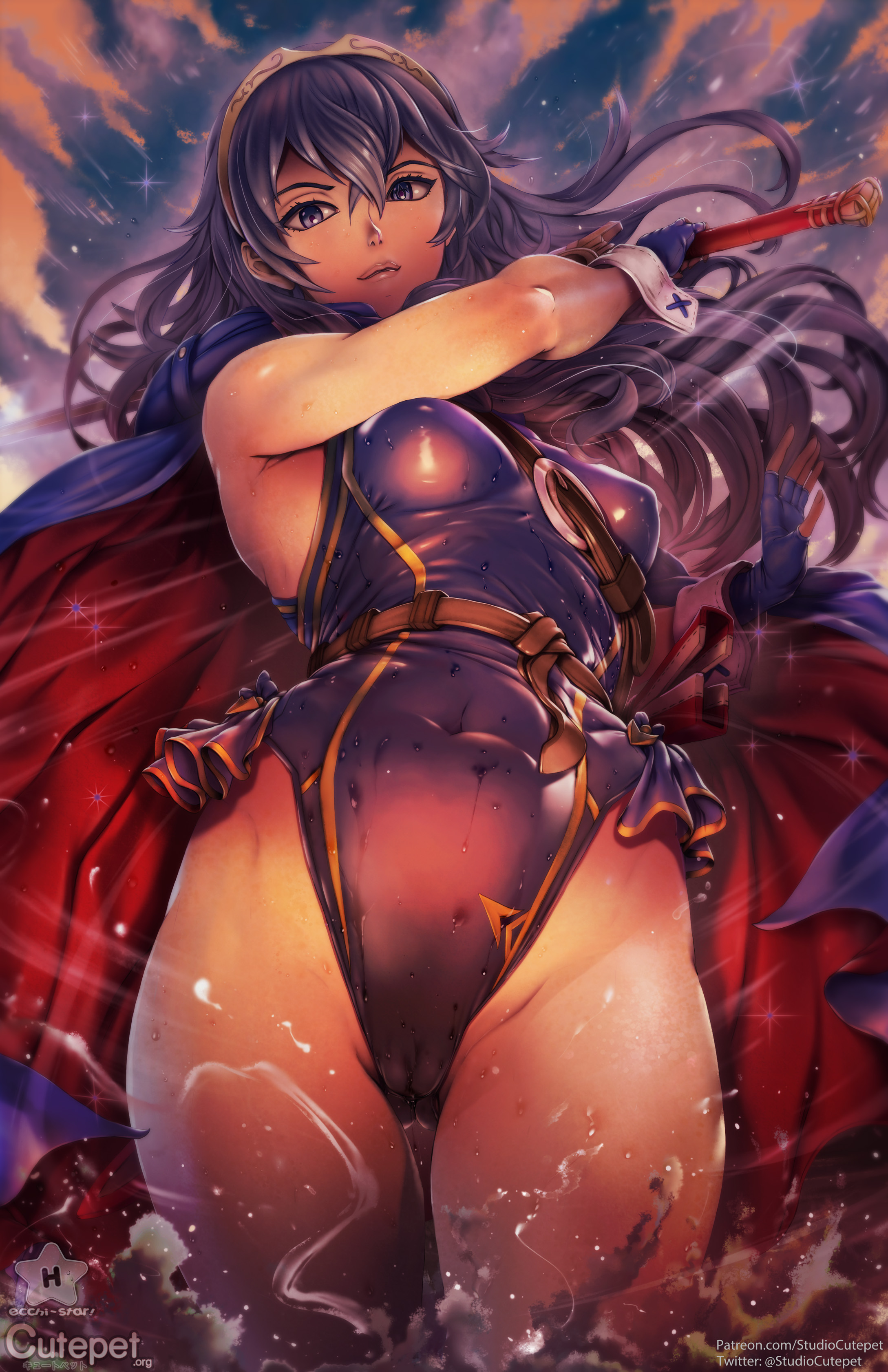 1girls, 2019, alternate costume, artist name, ass visible through thighs, blue eyes, blue hair, blue sky, blue swimsuit, breasts, cameltoe, cape, cloud, covered nipples, cutepet, falchion (fire emblem), female, female only, fire emblem, fire emblem awakening, from below, gloves, hair between eyes, hair ornament, highres, leotard, long hair, looking at viewer, looking down, lucina (fire emblem), nintendo, one-piece swimsuit, partially visible vulva, pussy, skimpy, smile, solo, source smaller, standing, sunset, swimsuit, sword, symbol-shaped pupils, thick thighs, thigh gap, thighs, tiara, toned, toned body, toned female, water, watermark, weapon, wet