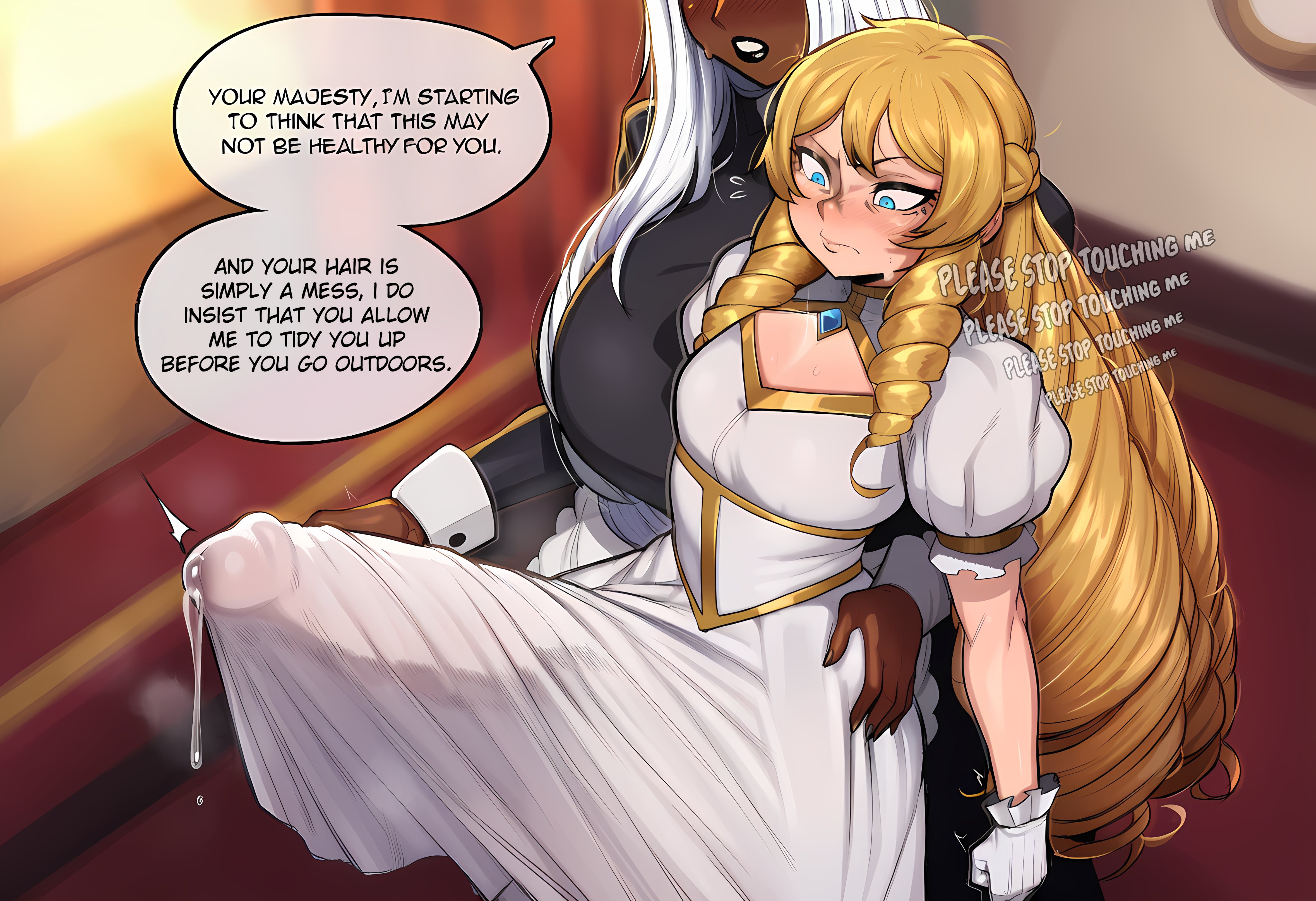 1futa, ai generated, blonde hair, blue eyes, blush, breasts, bulge, charlotteanon, covered nipples, covered penis, cum in clothes, dark skin, dark-skinned female, dress, drill hair, english text, erection, erection under clothes, female, futanari, gloves, huge breasts, huge cock, indoors, large breasts, long hair, penis, precum, princess charlotte (charlotteanon), puffy short sleeves, puffy sleeves, short sleeves, sidelocks, speech bubble, twin drills, white dress, white gloves, white hair