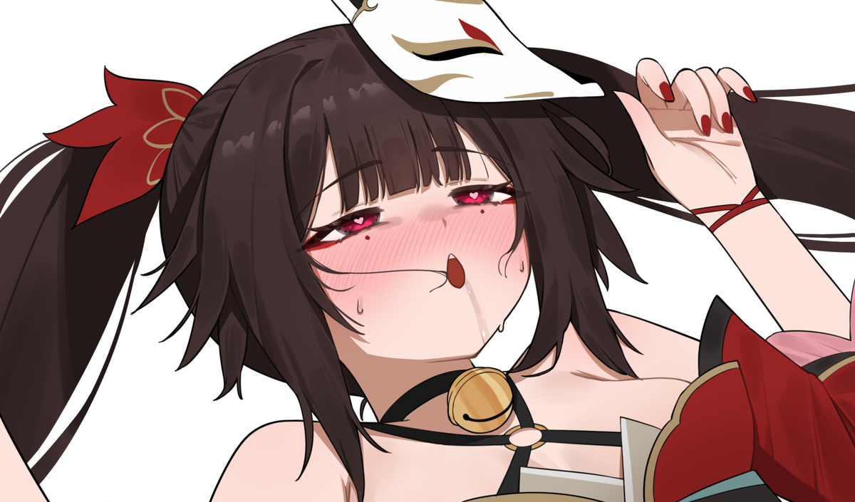 1girls, blush, breasts, brown hair, commentary request, female, flasso, fox mask, heart, heart-shaped pupils, highres, honkai (series), honkai: star rail, long hair, mask, rolling eyes, saliva, small breasts, solo, sparkle (honkai: star rail), sweat, symbol-shaped pupils, twintails
