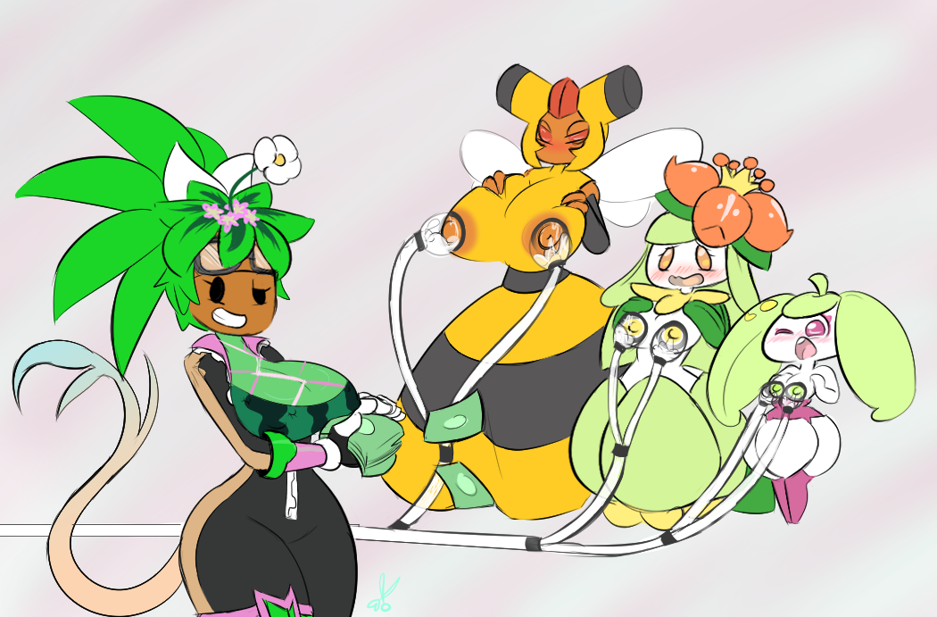 2019 4girls anthro anthrofied arthropod bee big_breasts blaster_master bodysuit bra breasts clothing crown female female_only feral flora_fauna flower flower_humanoid food fruit half-closed_eyes huge_breasts humanoid hymenopteran insect insects kanna_(blaster_master) lactating lactation larger_female lilligant living_flower machine melon milk milking_machine mob_face money nintendo nipples one_eye_closed original_character plant plant_humanoid plantie pokémon_(species) pokemon pokemon_dppt pokemon_sm simple_background size_difference small_breasts smaller_female spandex steenee thick_thighs tight_clothing underwear unzipped_bodysuit vallycuts vespiquen video_games watermelon_bra watermelon_nets wide_hips