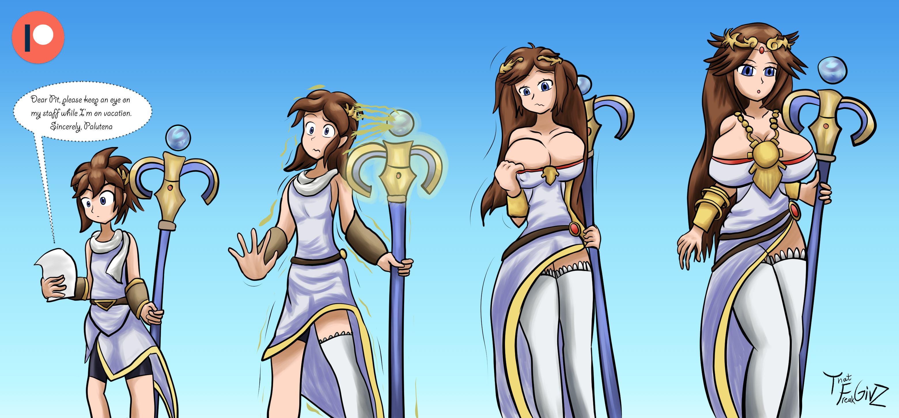 1boy, 1girls, 2019, ass, bare shoulders, big breasts, blue background, blue eyes, breast expansion, breast grab, breast growth, breast growth (enlargement), breast press, breasts, brown hair, cleavage, clothed, deviantart, female, gender transformation, genderswap, genderswap (mtf), huge breasts, kid icarus, looking down, male, milf, motion lines, nintendo, palutena, pit (kid icarus), rule 63, sequence, standing, thatfreakgivz, thick thighs, transformation, watermark, wide hips