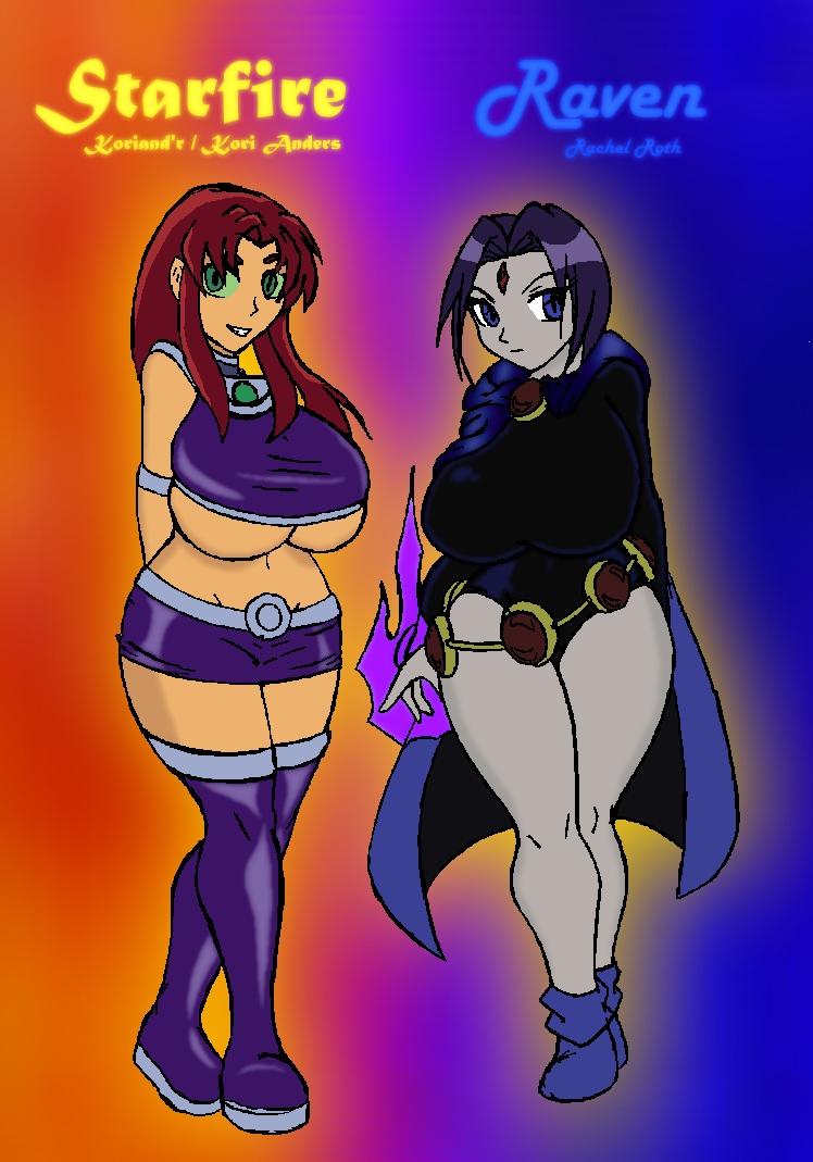 2girls arms_behind_back belt boots breasts cape curvy dc dc_comics female female_only forehead_jewel gem goblinhordestudios grey_skin hourglass_figure huge_breasts large_breasts legs leotard long_hair looking_at_viewer magic miniskirt multiple_girls orange_skin rachel_roth raven_(dc) short_hair skirt smile starfire straight_hair teen_titans thick_thighs thigh_high_boots underboob wide_hips zettai_ryouiki