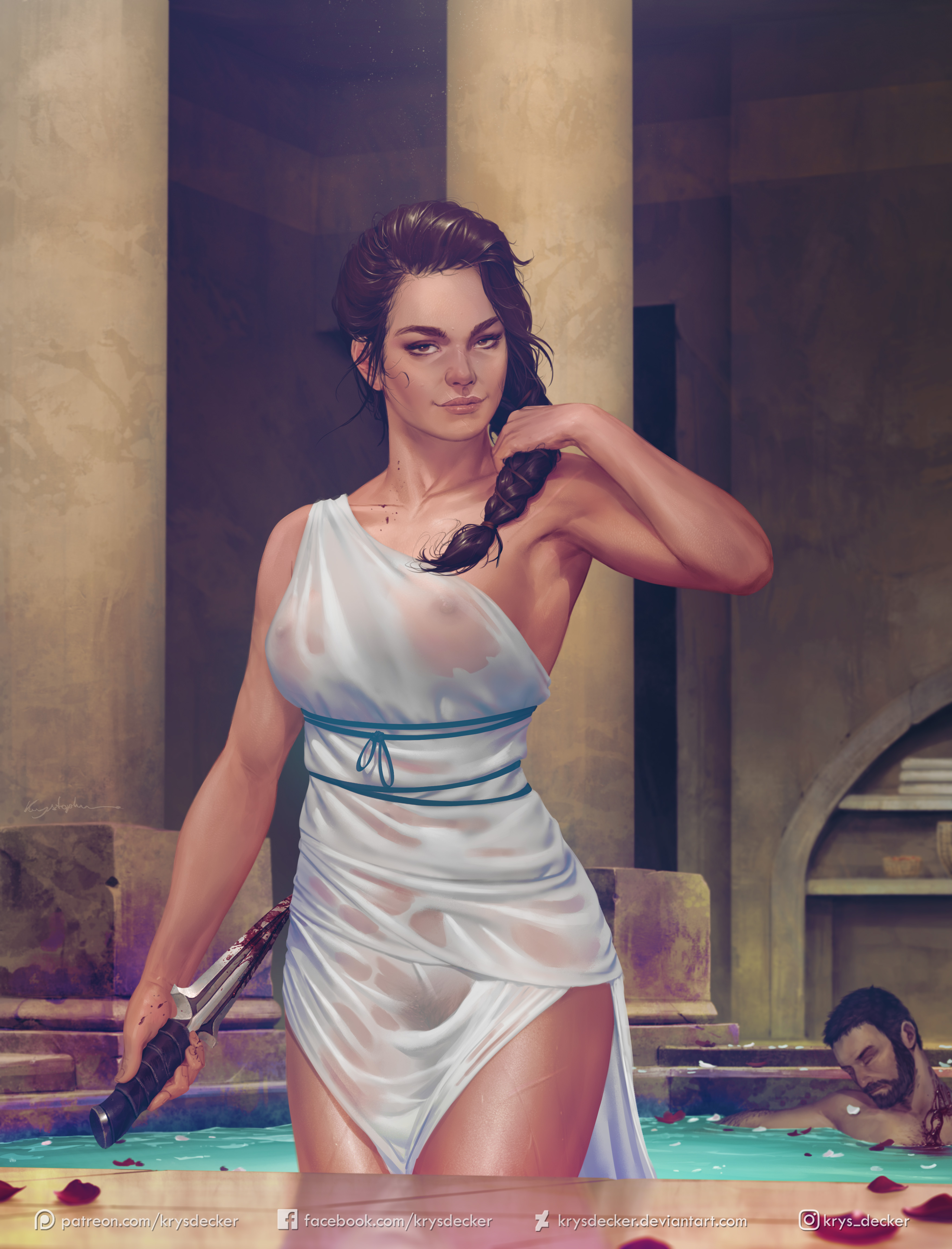 1girls, 2d, assassin's creed (series), assassin's creed odyssey, bathroom, casual, female, female only, female protagonist, female pubic hair, human, kassandra (assassin's creed), krysdecker, male, nipples, pale skin, pubic hair, pussy, see-through, see-through clothing, sheer clothing, solo, solo female, translucent, ubisoft, weapon