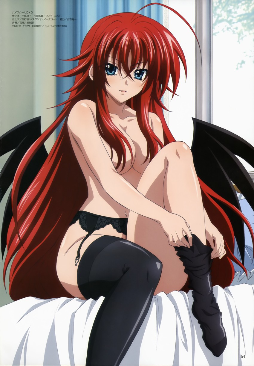 1girls ahoge ass_visible_from_the_front bare_arms bare_belly bare_shoulders bed belly_button big_breasts black_thighhighs blue_eyes blush breasts censored_nipples cleavage convenient_censoring demon_wings feet garter_belt garter_straps hair_covering_breasts high_school_dxd long_hair megami_magazine no_bra no_panties official_art open_mouth red_hair rias_gremory smile thighhighs thighs topless