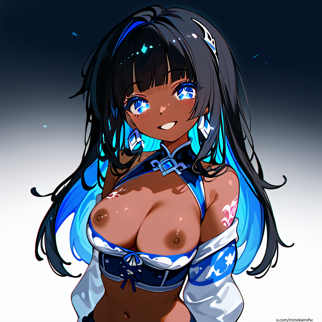 ai_generated breasts_out brown_nipples corset dark_skin female glowing_eyes glowing_hair laced_corset long_hair minokai multicolored_hair smiling smiling_at_viewer