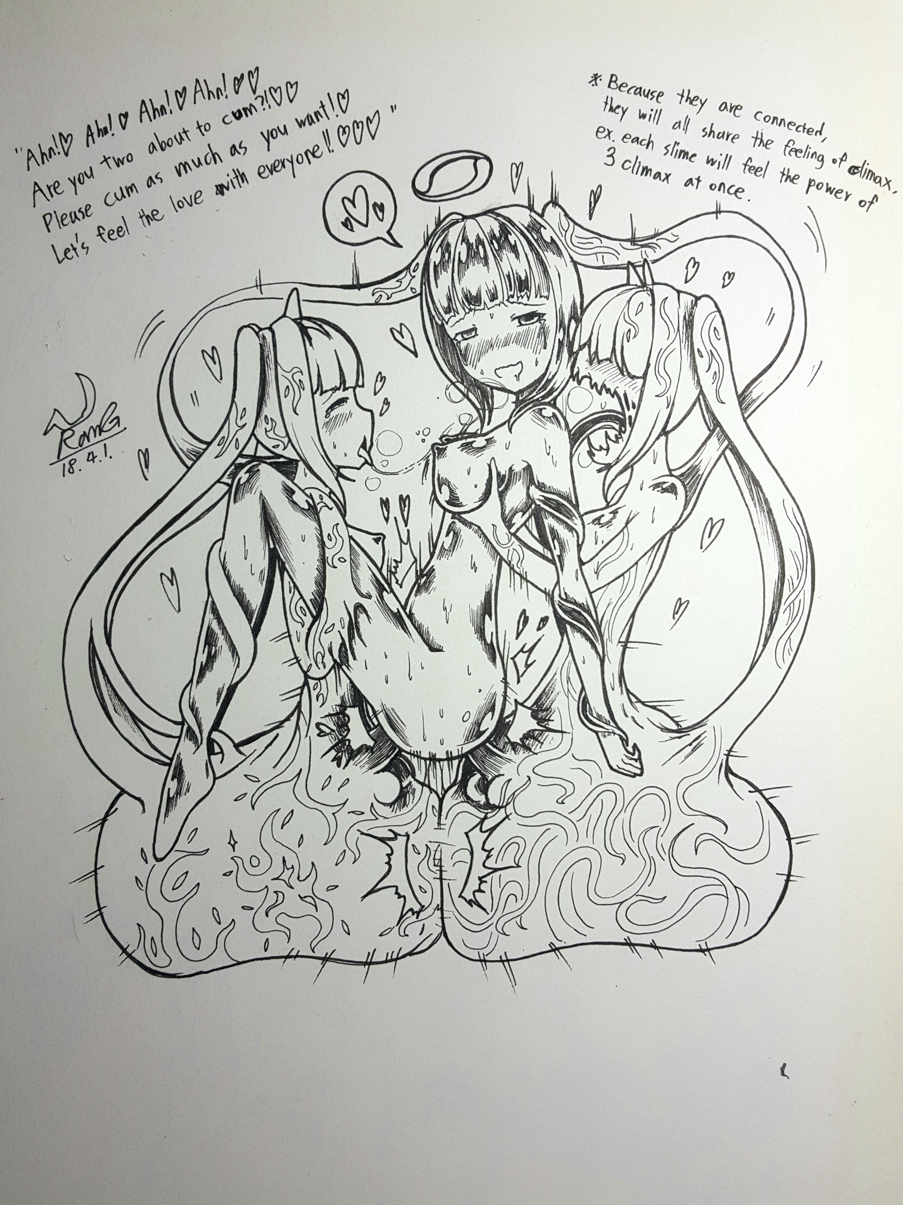 <3, 3girls, anal penetration, balls, breast grab, breasts, calamity mod, double penetration, drooling, english text, erect nipples, female, futanari, gaping mouth, intersex, long tongue, monochrome, monster girl, nipples, penis, pussy, ramgear, saliva string, sex, sharp teeth, slime girl, slime god, terraria, text, tongue, tongue out, vaginal penetration