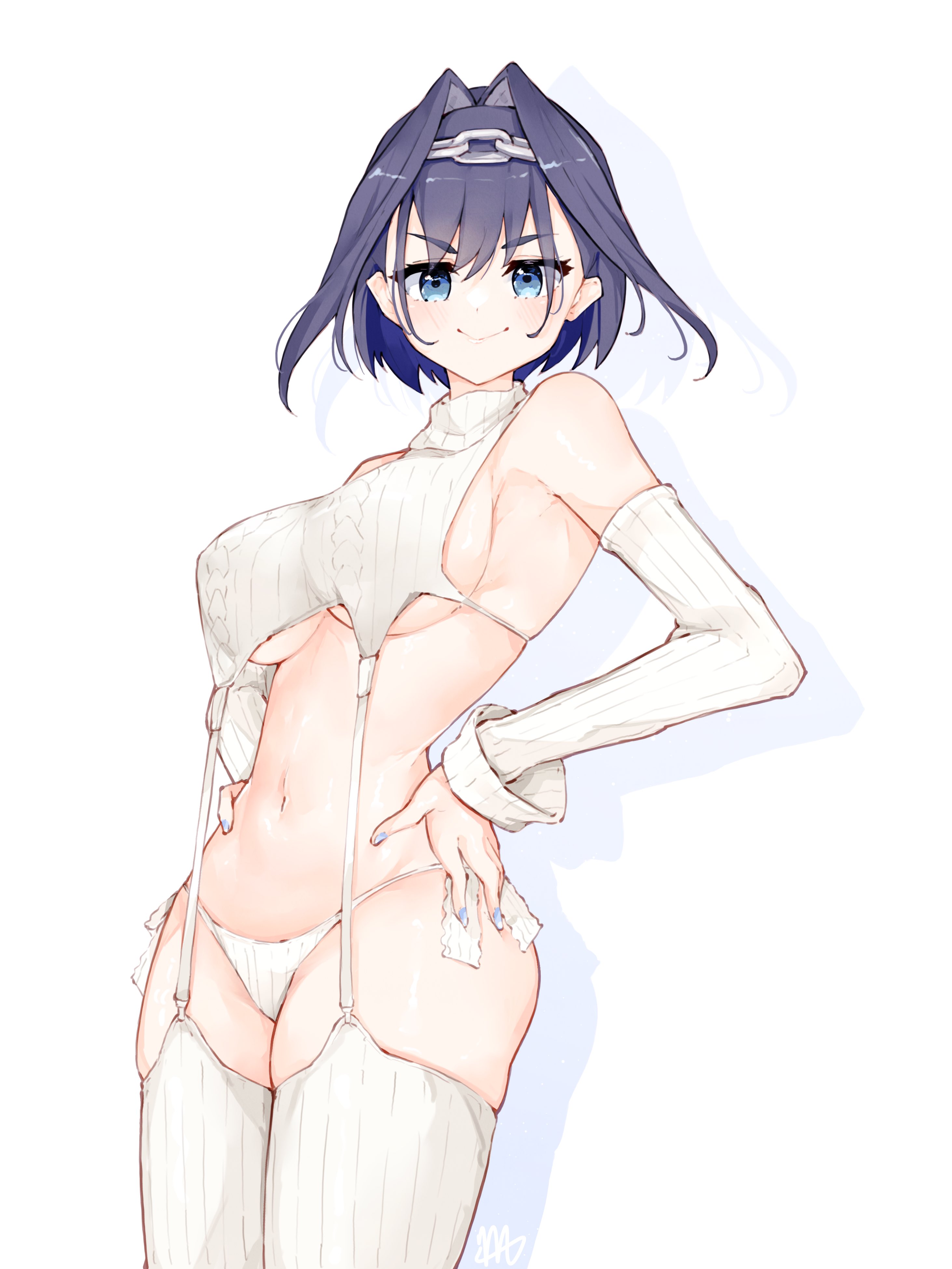 1girls, belly button, blue eyes, blue hair, blue nails, blush, breasts, confident, female, female only, hololive, hololive english, hololive english -council-, hololive english -promise-, huge breasts, light skin, light-skinned female, ma draws, ouro kronii, sideboob, smile, solo, sweater, virgin destroyer sweater, virgin killer sweater, virtual youtuber