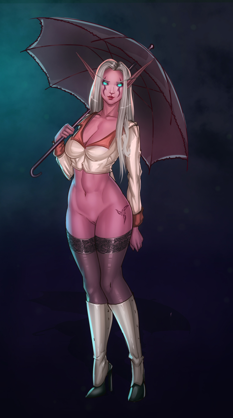 1girls 2019 alunora blizzard_entertainment breasts cleavage female female_only freli looking_at_viewer night_elf original_character pussy solo thighhighs warcraft world_of_warcraft