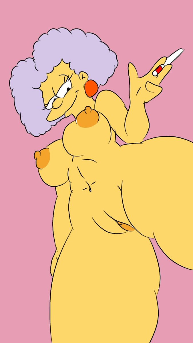 1girls breasts cigarette ear_piercing eyelashes female female_only human light_blue_hair looking_down maxtlat nipples nude nude_female pussy selma_bouvier solo solo_female the_simpsons yellow_skin