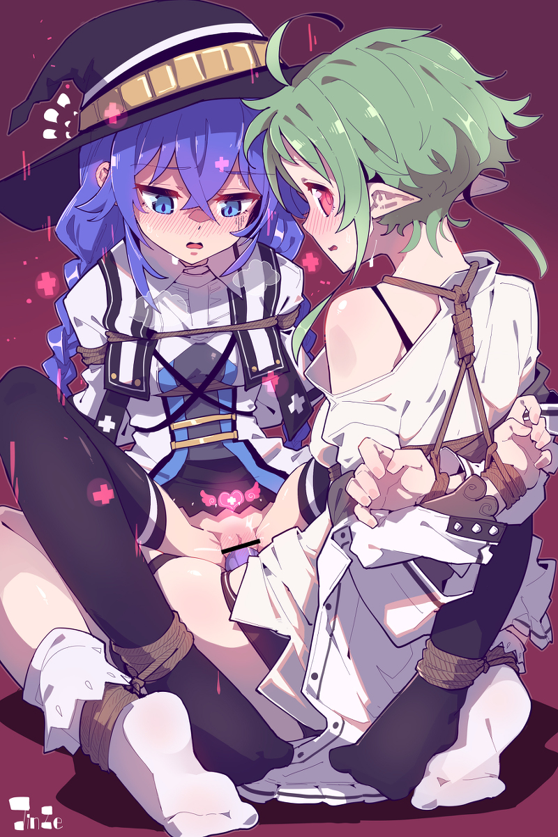 2girls arms_behind_back bar_censor black_thighhighs blue_eyes blush bondage bound_ankles bound_arms bound_together braid braided_ponytail braided_twintails breasts censored clothed clothed_female clothed_sex dildo double_dildo elf elf_ears elf_girl feet female female_only green_hair hair_between_eyes hat imazawa looking_at_viewer looking_back looking_down looking_pleasured multiple_girls mushoku_tensei no_panties no_shoes open_mouth pointy_ears purple_hair pussy red_eyes rope rope_bondage roxy_migurdia sex_toy short_hair steamy_breath sweat sylphiette_(mushoku_tensei) thighhighs tied_arms tied_legs tied_up vaginal_insertion vaginal_object_insertion white_clothing white_socks