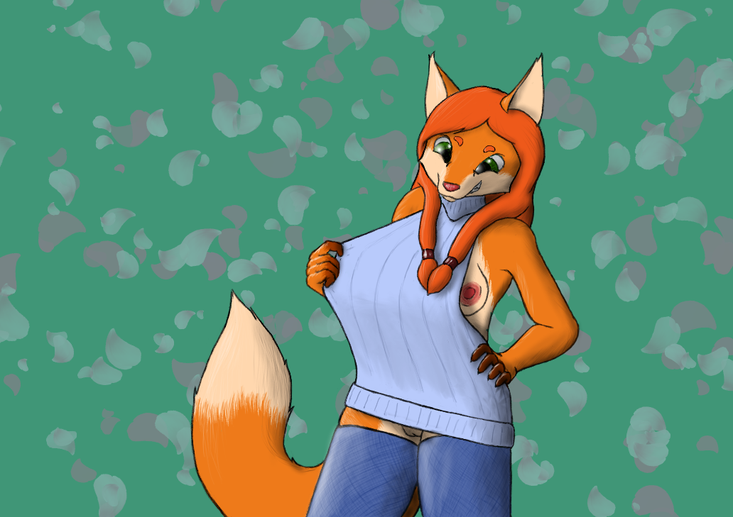 anthro blue_clothing blue_legwear blue_stockings blue_sweater blue_topwear canid canine clothing colored dapper_wolf exhibitionism female flashing flashing_breasts flashing_pussy fox fur green_eyes legwear mammal meme meme_clothing no_bra no_panties orange_body orange_fur solo stockings sunny_day_(dapper_wolf) sweater thigh_highs topwear virgin_killer_sweater