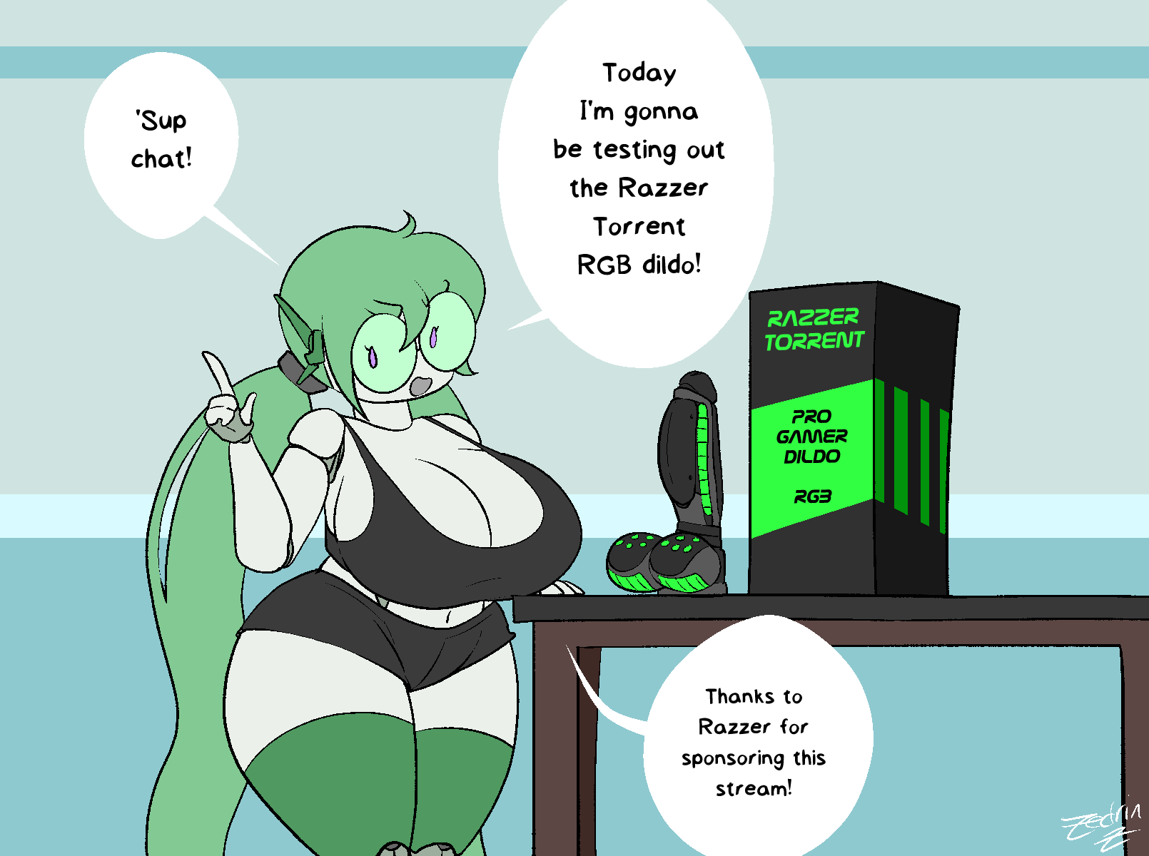 big_breasts bit_(zedrin) bottomwear bra breasts cleavage clothed clothing dildo english_text female green_hair hair hi_res huge_breasts humanoid machine not_furry ponytail robot robot_humanoid sex_toy shitpost shorts simple_background solo text underwear white_body white_skin zedrin