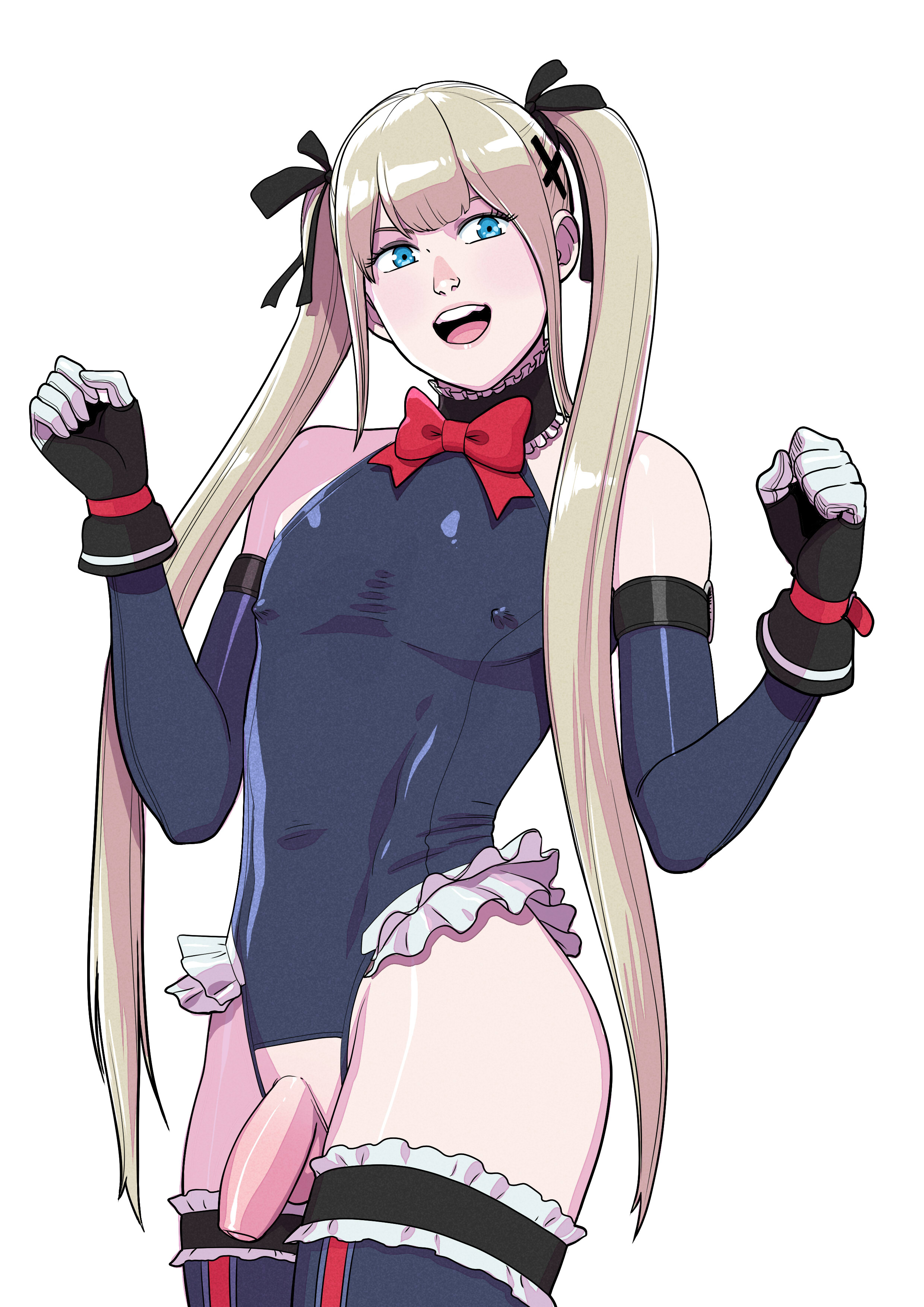 1boy, androgynous, bimbo, blonde hair, blue eyes, bow, bowtie, choker, dead or alive, femboy, flaccid, foreskin, genderswap (ftm), girly, highres, male, male marie, male only, marie rose, microskirt, nipple bulge, one-piece swimsuit, penis, rule 63, solo, standing, swimsuit, tecmo, tekuho, trap, twintails, uncircumcised, uncut