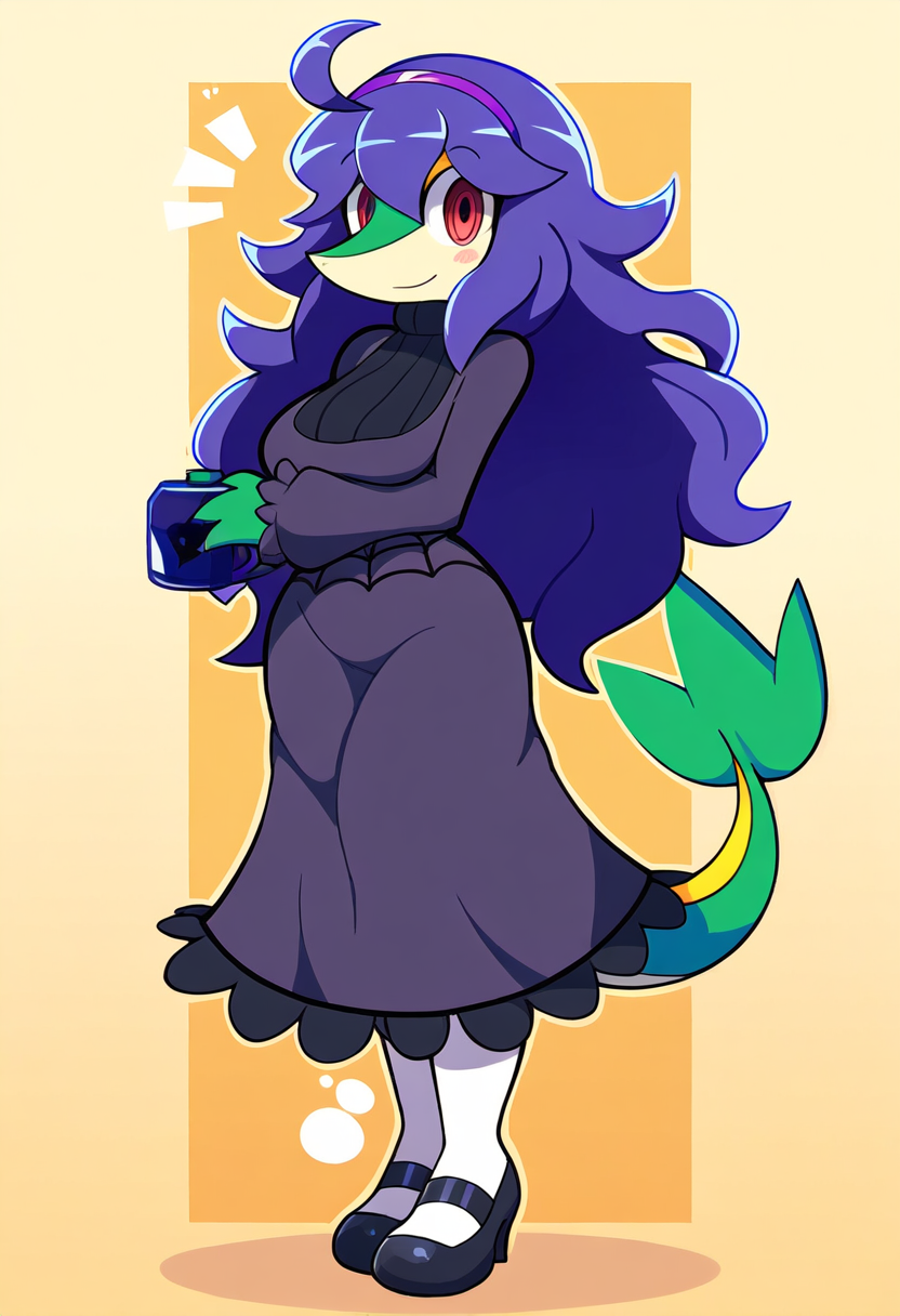 absurd_res ai_generated anthro breasts clothing dress female footwear generation_5_pokemon hair hellsonger hi_res long_hair looking_at_viewer nintendo pokemon pokemon_(species) purple_hair red_eyes shoes simple_background smile snex_maniac snivy solo sweater yellow_background