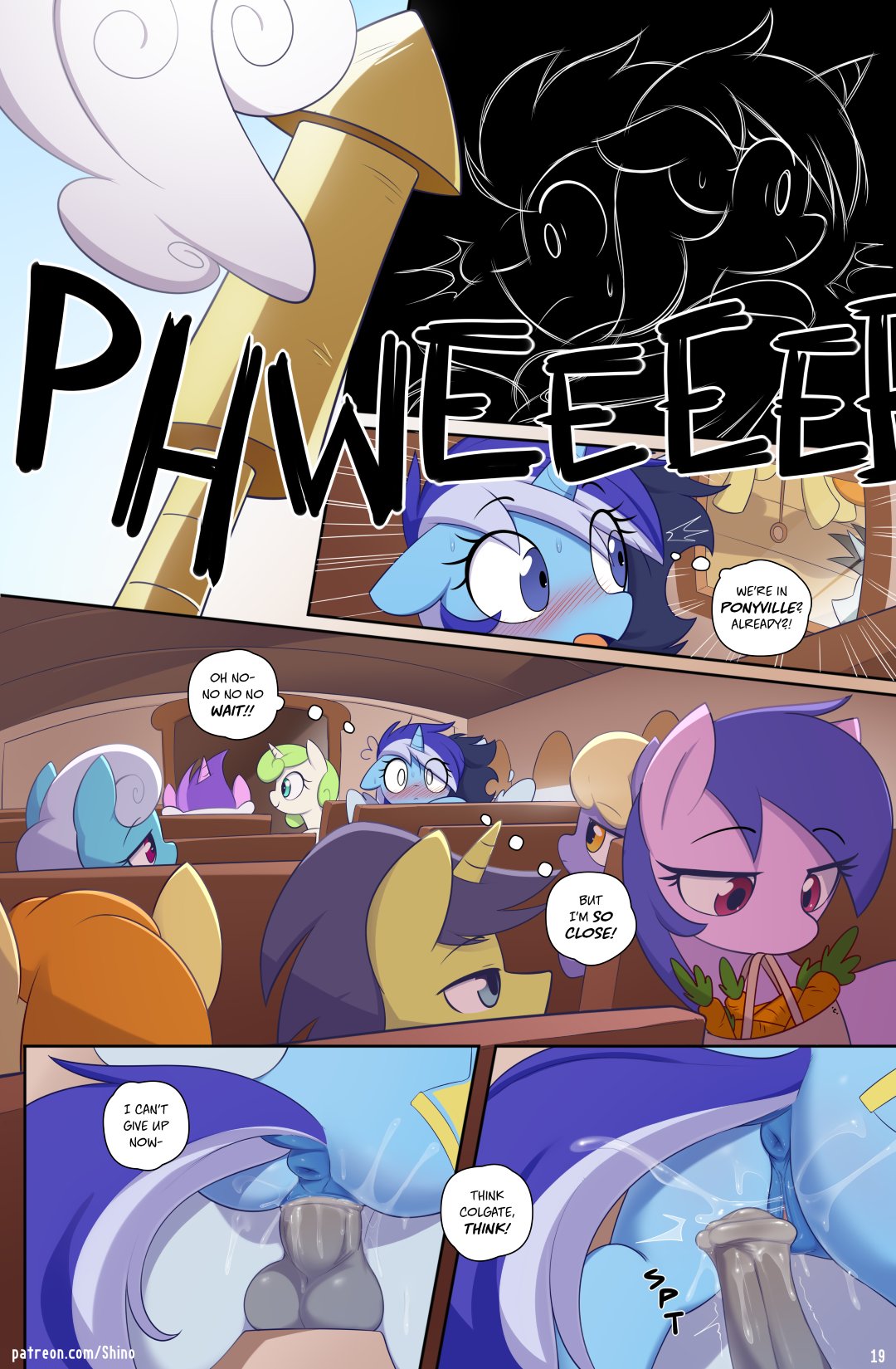 2024 amethyst_star_(mlp) animal_genitalia animal_penis anus balls blush blush_lines bodily_fluids comic comic_page dialogue dock_(anatomy) english_text equid equine equine_genitalia equine_penis female friendship_is_magic genital_fluids genitals hasbro hi_res horn male male/female mammal minuette_(mlp) my_little_pony mythological_creature mythological_equine mythology page_19 page_number pegasus penis shinodage soarin_(mlp) sweat sweatdrop tail text thought_bubble train unicorn url vaginal_fluids vehicle wide_eyed wings wonderbolts_(mlp)