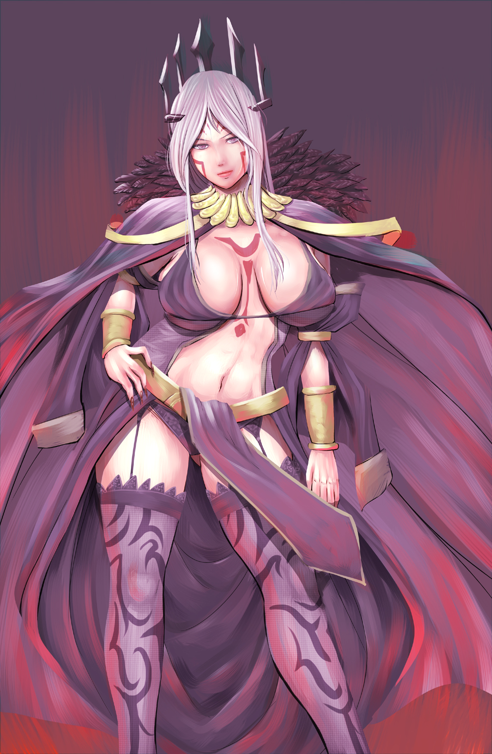 aversa_(fire_emblem) bra bracelet breasts cape cleavage facial_mark feathers female fingernails fire_emblem fire_emblem_awakening forehead_mark garter_straps harihisa headdress high_resolution huge_breasts jewelry lavender_hair lingerie lipstick long_fingernails long_hair makeup nail_polish pantsu purple_eyes purple_legwear purple_panties solo tattoo thighhighs underwear