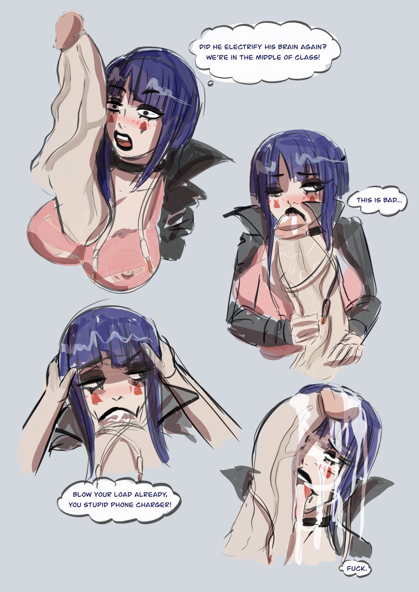 1boy, 1girls, big breasts, big penis, blowjob, blue hair, boku no hero academia, breasts, busty, choker, cock worship, couple, denki kaminari, erect nipples, eyeshadow, fanon couple, fellatio, female, female focus, jirou kyouka, kaminari denki, kyoka jiro, licking, licking penis, lipstick, majorspacegoat, makeup, male, my hero academia, nipples, penis, penis awe, short hair, sketch, tagme, tank top, veiny penis
