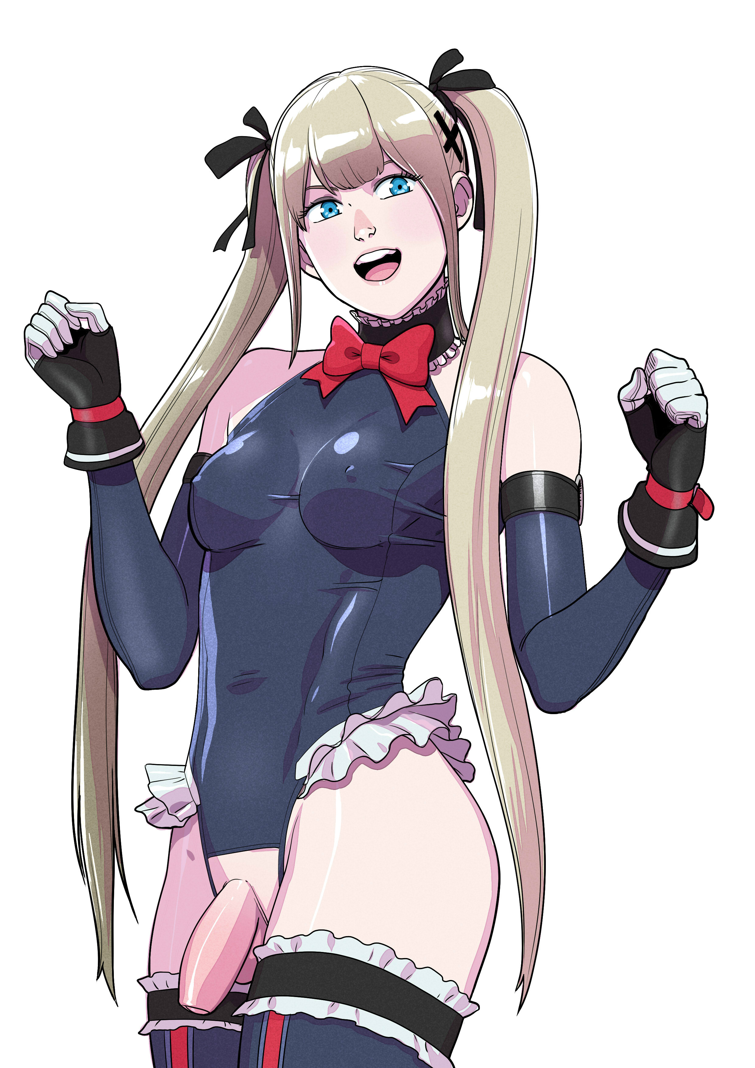 1futa, bimbo, blonde hair, blue eyes, bow, bowtie, choker, dead or alive, dickgirl, flaccid, foreskin, futa only, futanari, highres, intersex, marie rose, microskirt, penis, solo, standing, tecmo, tekuho, twintails, uncircumcised, uncut