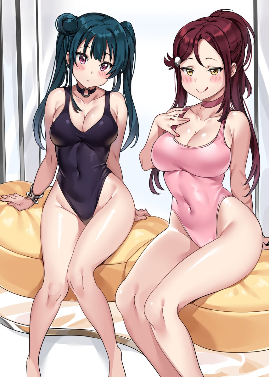 2girls aroused bangs bedroom_eyes big_breasts black_hair black_swimsuit blush blushing bracelet breasts busty choker cleavage clothing curvy eyelashes female female_only fully_clothed hair_bun hairbun hairpin hand_on_own_chest highres huge_breasts large_breasts licking_lips lips long_hair looking_at_viewer love_live! love_live!_sunshine!! medium_breasts navel pink_eyes pink_swimsuit red_hair sakurauchi_riko seductive seductive_smile sexually_suggestive shiny_clothes shiny_hair shiny_skin sitting smile smiling swimsuit tem10 thick_thighs tongue tongue_out tsushima_yoshiko twintails voluptuous wide_hips yellow_eyes