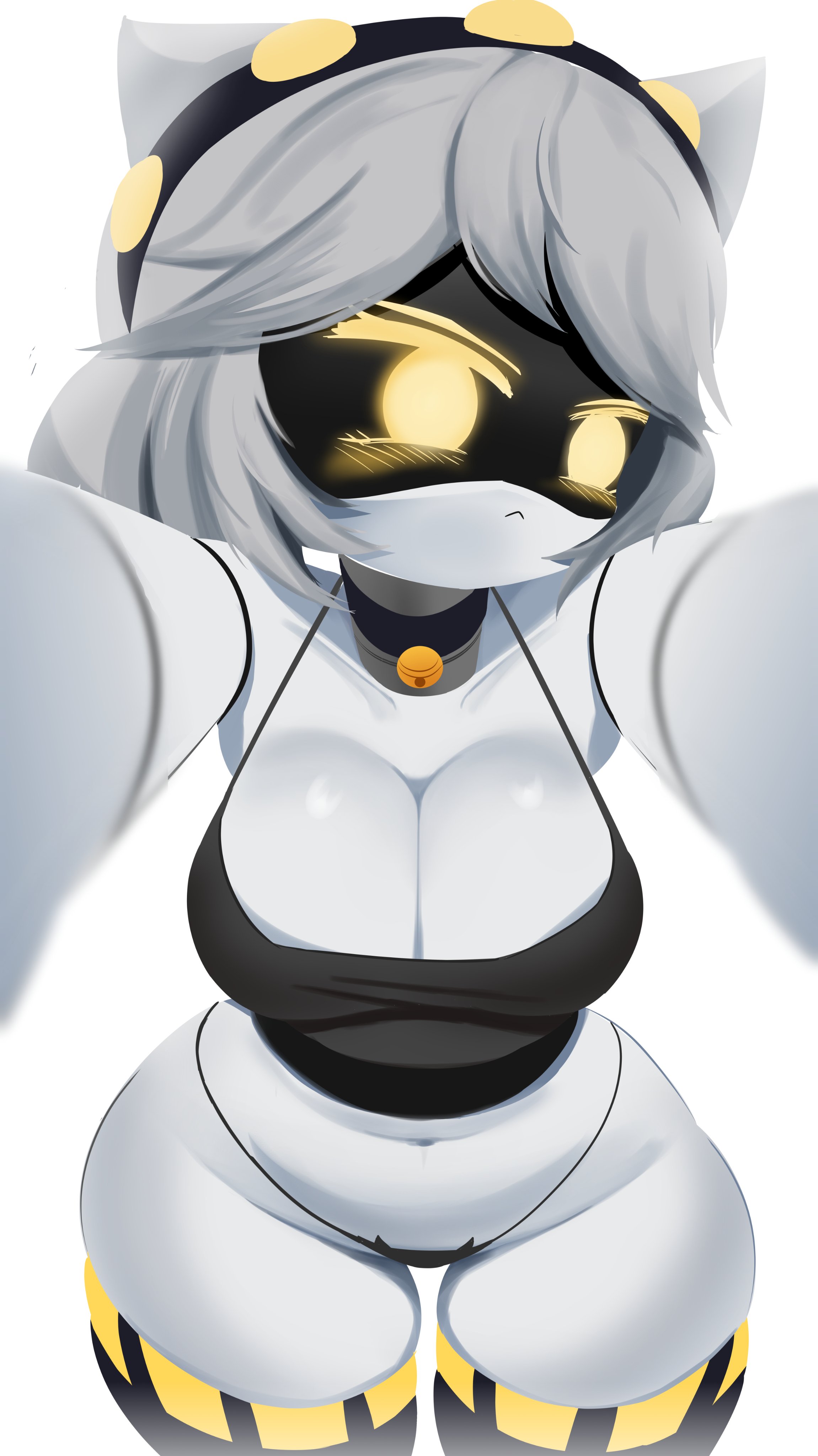 1girls, 2d, 2d (artwork), 2d artwork, alaki zezo, animal ears, areola, areolae, ass, barely clothed, barely visible areola, barely visible nipples, big ass, big breasts, big thighs, blur, blush, blushing, blushing female, breasts, cat ears, clothed, clothed female, clothing, collar, cute, disassembly drone, drone, female, female nipples, female only, female solo, furry murder drone, gigantic ass, gigantic thighs, glitch productions, holding viewer, huge ass, huge thighs, looking at viewer, murder drones, nipples, panties, r/murderdronesofficial, robot, robot girl, robot humanoid, shirt, short hair, silver hair, solo, solo female, solo focus, thick hips, thick thighs, thighs, v (murder drones), white background, white body, yellow eyes