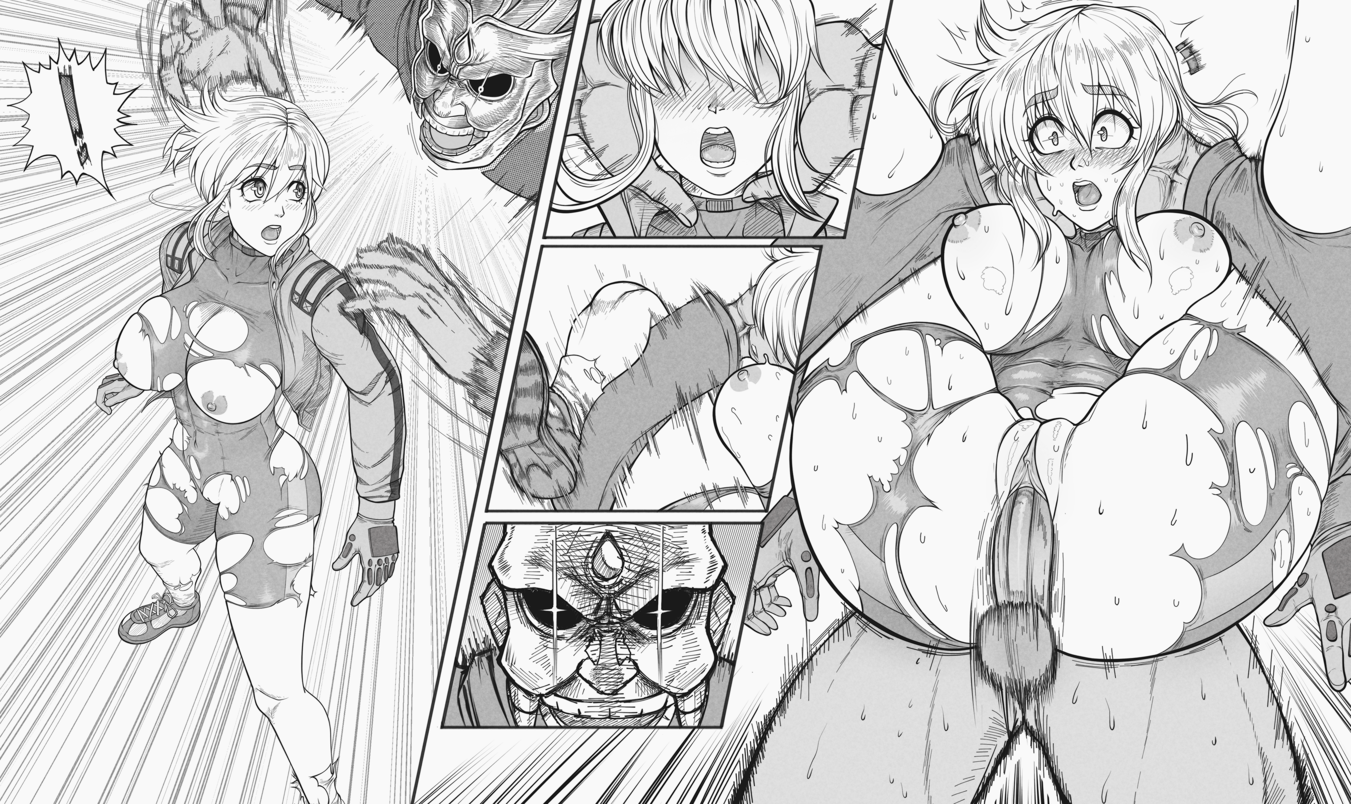 1boy, 1girls, blush, breasts, breasts out, erodrunky, female, forced, full nelson, history's strongest disciple kenichi, large breasts, lesseinsanimer, male, miu furinji, monochrome, nipples, pussy, sex, straight, surprised, tight clothes, torn clothes, vaginal penetration