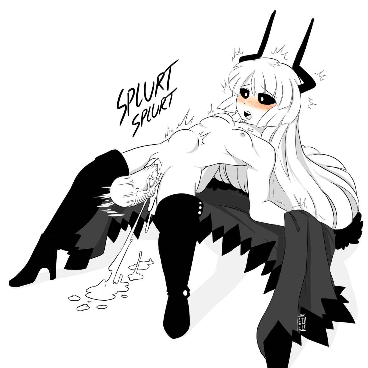 ahe_gao black_boots black_clothing black_sclera blush boots breasts cum cum_in_pussy cum_inside disembodied_penis excessive_cum flat_chest funamusea functionally_nude high-heel_boots horns kcalb long_hair monochrome motion_lines nipples no_pubic_hair nsfyosu open_mouth pussy rule_63 simple_background stomach_bulge the_gray_garden thigh_boots white_background white_hair white_skin