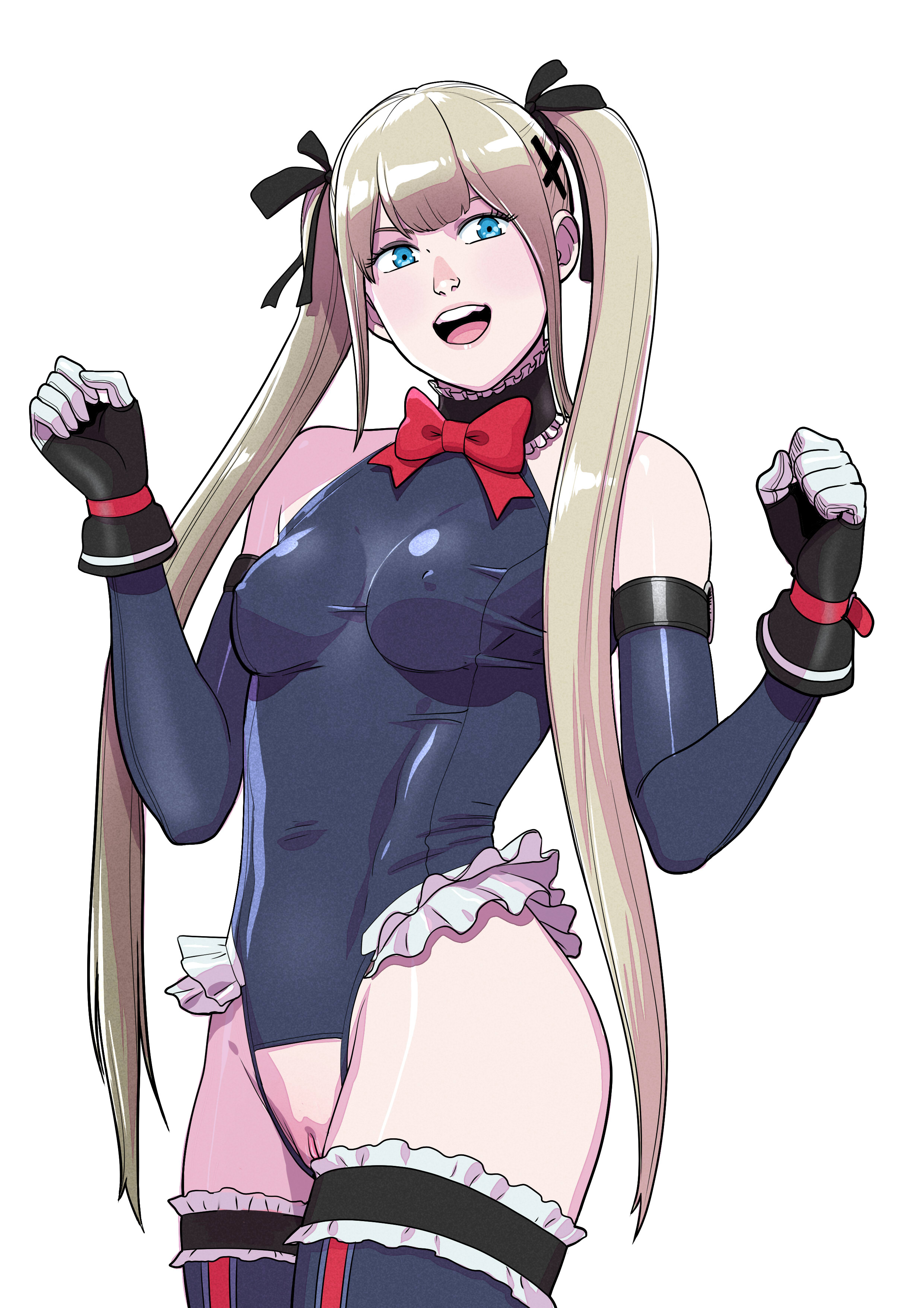 1girls, bimbo, blonde hair, blonde-haired female, blue eyes, bow, bowtie, choker, covered nipples, crotchless, dead or alive, elbow gloves, female, foreskin, frilled legwear, frilled leotard, frills, highres, hourglass figure, leotard, light skin, light-skinned female, male, marie rose, marie rose (devilish servant against the splashing waves), one-piece swimsuit, penis, petite, pussy, solo, standing, swimsuit, tecmo, teenage female, teenager, tekuho, thighhighs, twintails, uncircumcised, vagina