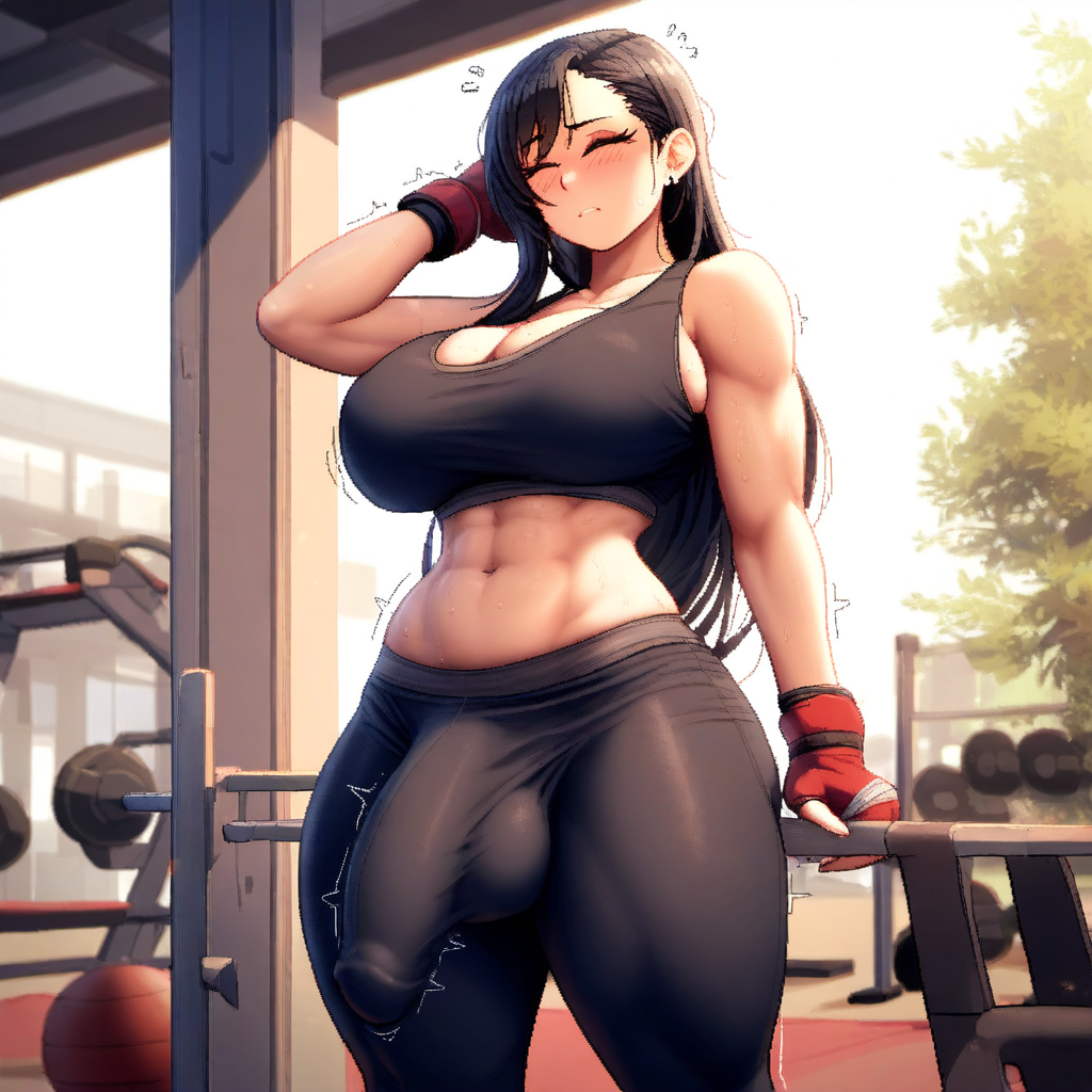 1futa abs ai_generated ball_bulge balls balls_under_clothes black_hair blush breasts bulge_through_clothing cameltail closed_eyes final_fantasy flaccid fully_clothed futa_only futanari gym gym_uniform huge_breasts large_penis muscular_futanari penis penis_bulge penis_under_clothes solo_futa throbbing_penis tifa_lockhart