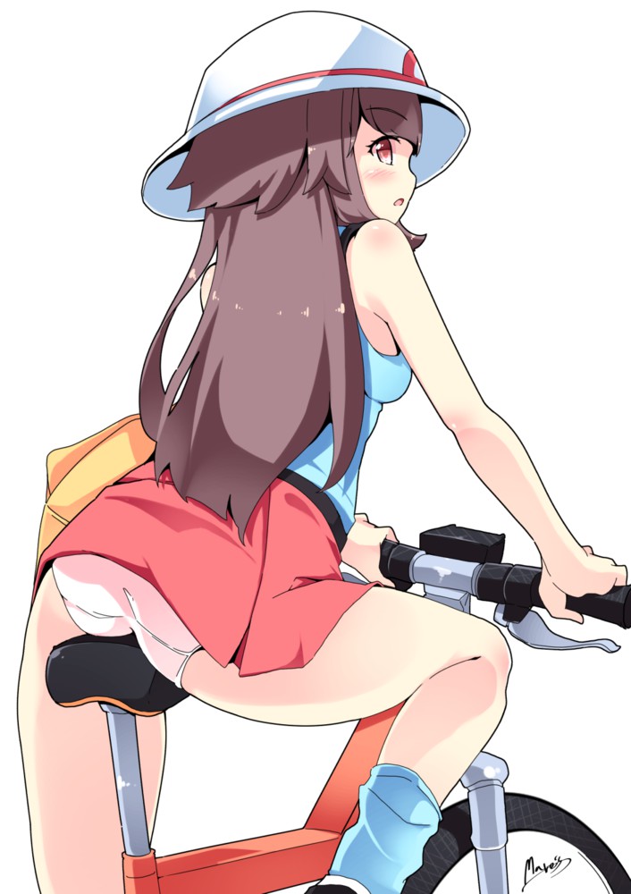 1girls, aged up, alternate breast size, artist request, ass, bicycle, big ass, blush, breasts, brown hair, female, female only, hat, human, human only, leaf (pokemon), long hair, looking at viewer, nintendo, open mouth, panties, plain background, pokemon, pokemon frlg, red skirt, short skirt, skirt, solo, source request, thick thighs, thighhighs, vehicle, white background, white panties, wide hips