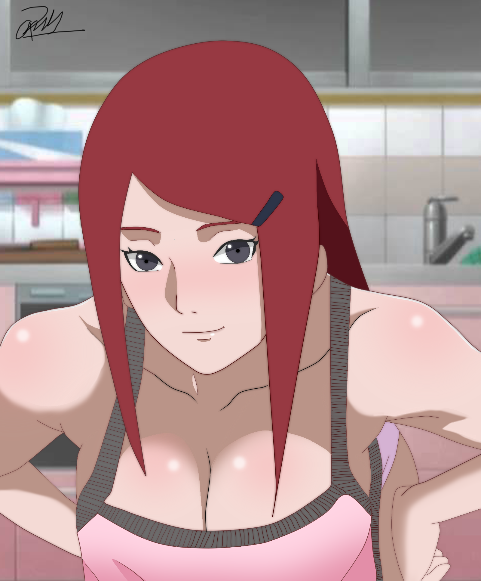 1girls, agung911, apron, armpits, breasts, cleavage, clothed, female, female only, hands on hips, human, kitchen, long hair, looking at viewer, milf, naruto, naruto (series), naruto shippuden, red hair, solo, text, uzumaki kushina, watermark