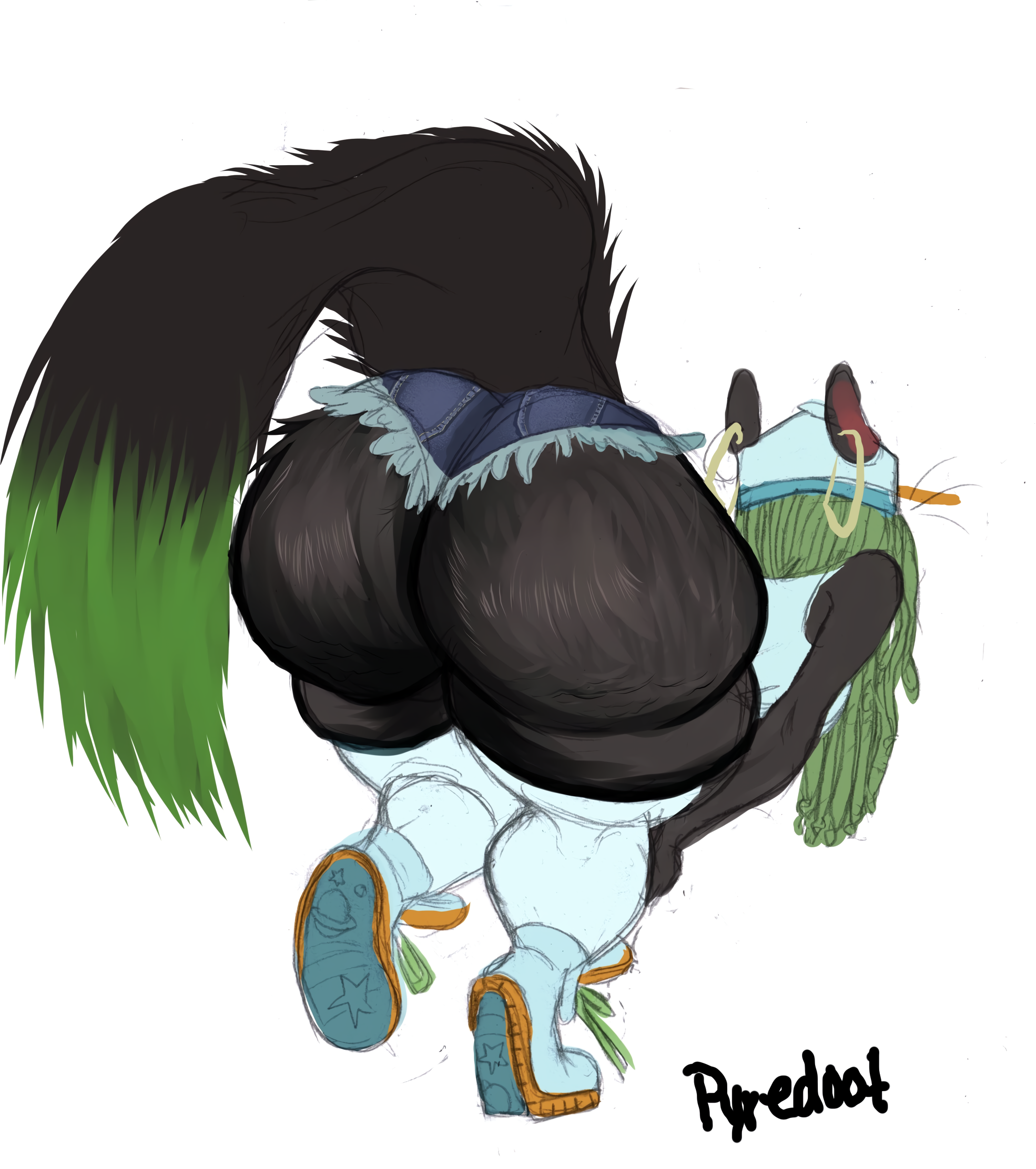 anthro, daisy dukes, dark skin, dark-skinned female, female, female only, furry, green hair, jeans, pyredaemos, short shorts, shorts, solo, solo female, squigga, squirrel